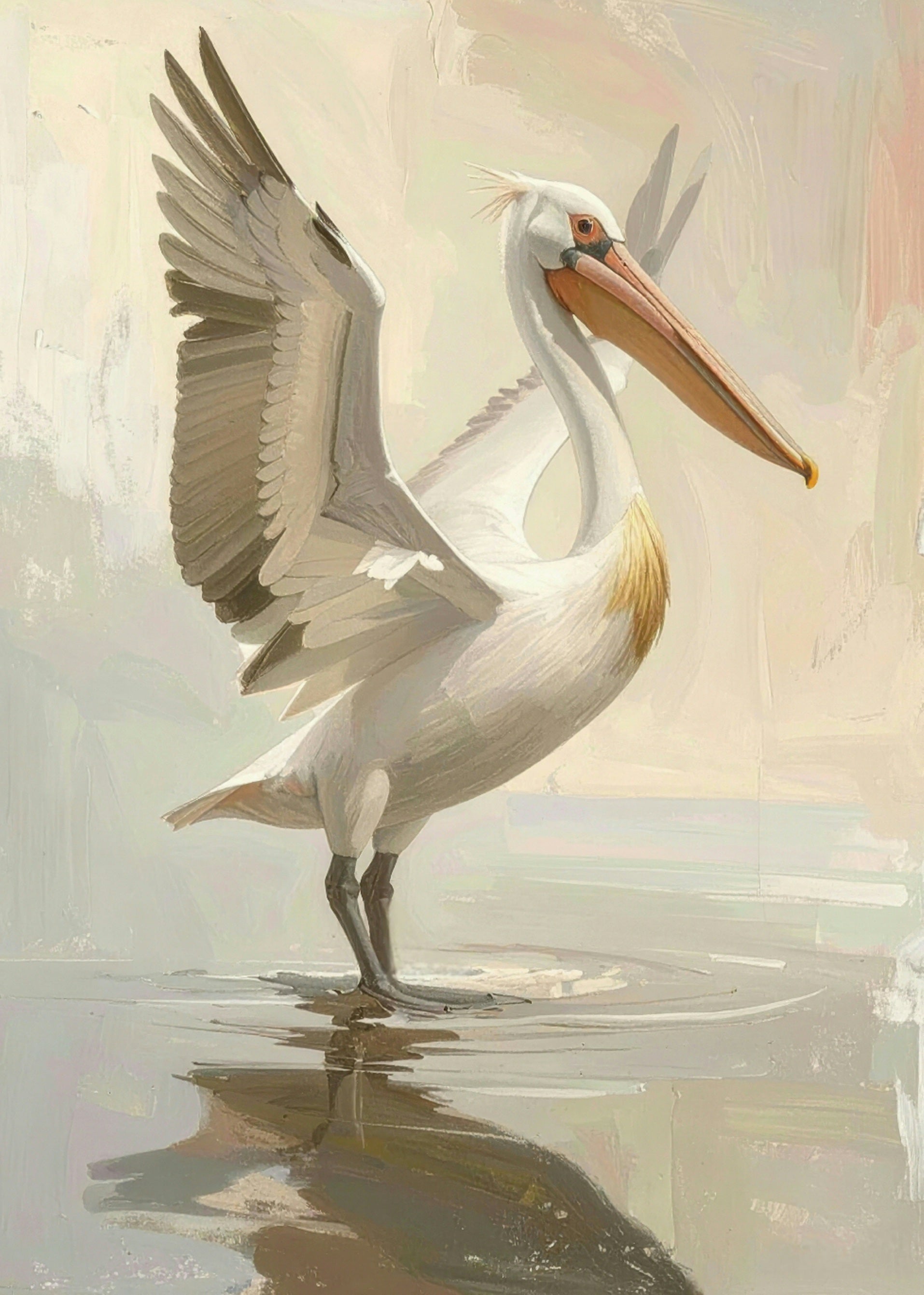 Painting of a pelican standing on a reflective water surface with a soft, pastel background.