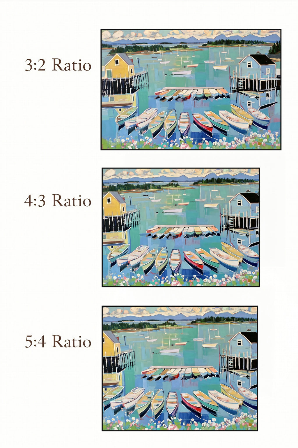 Three different aspect ratios showing a coastal scene with boats and houses.