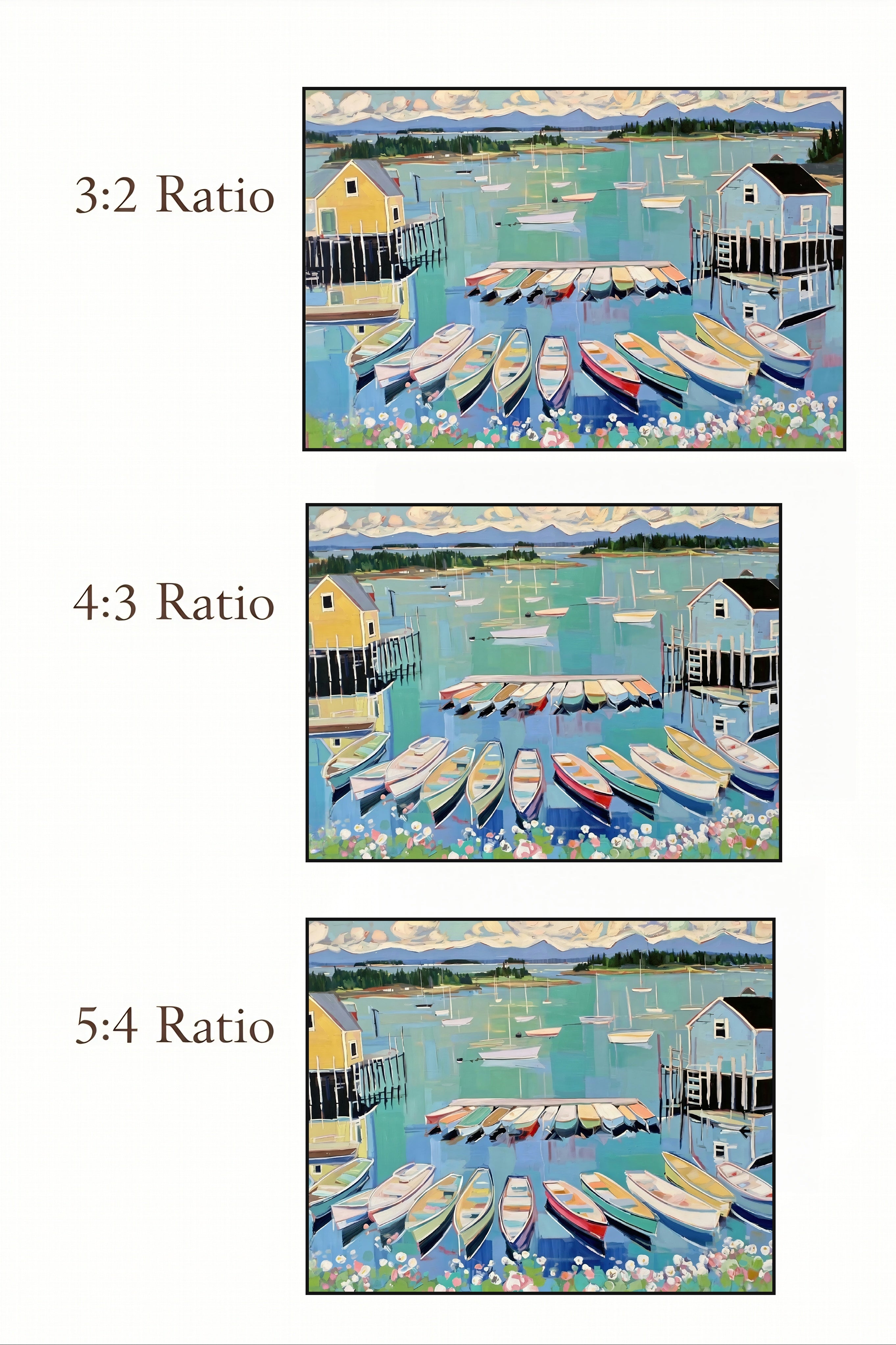 Three different aspect ratios showing a coastal scene with boats and houses.