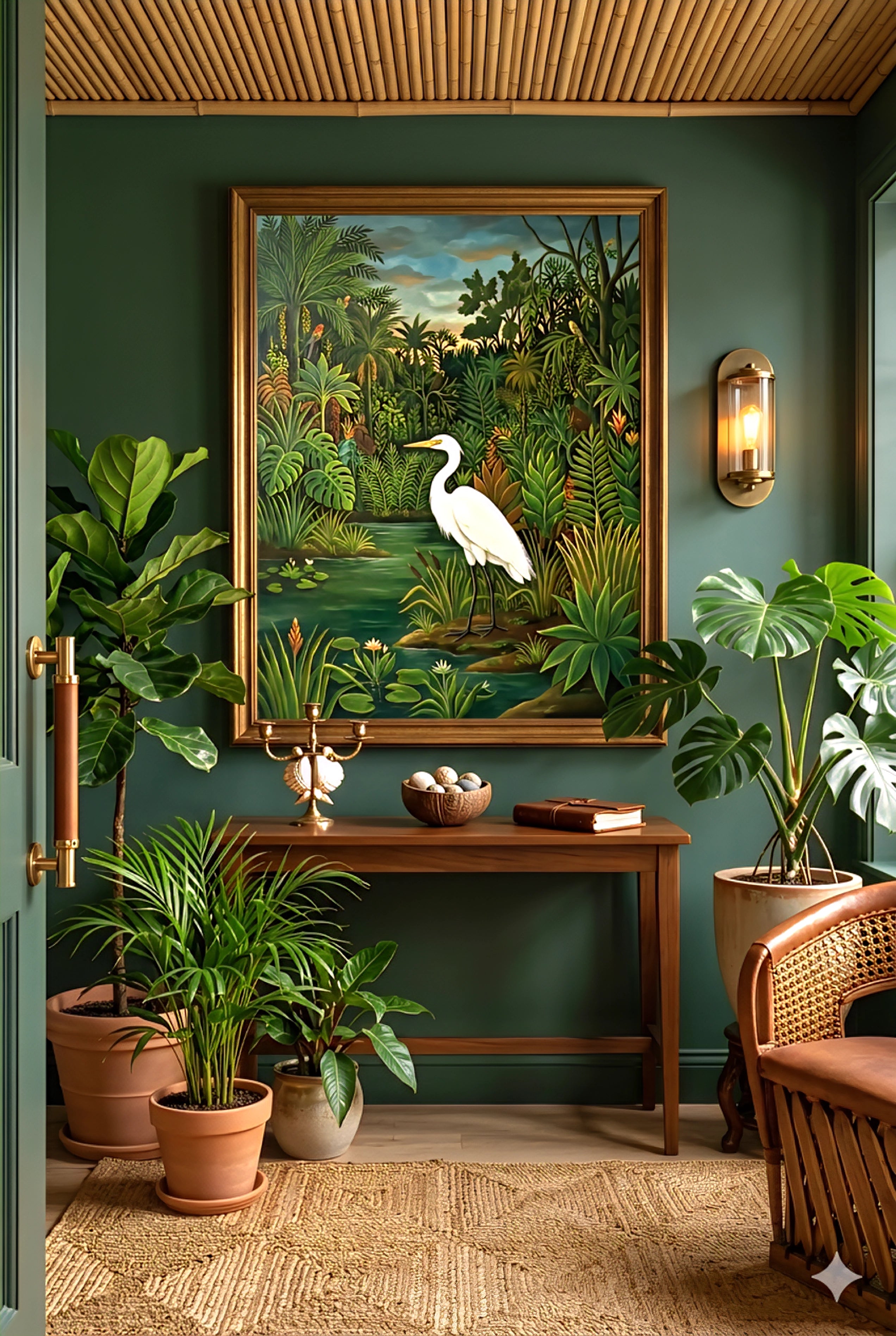 tropical wall art with egret painting in green entryway, jungle artwork above console table, indoor plants, moody botanical decor, statement wall styling