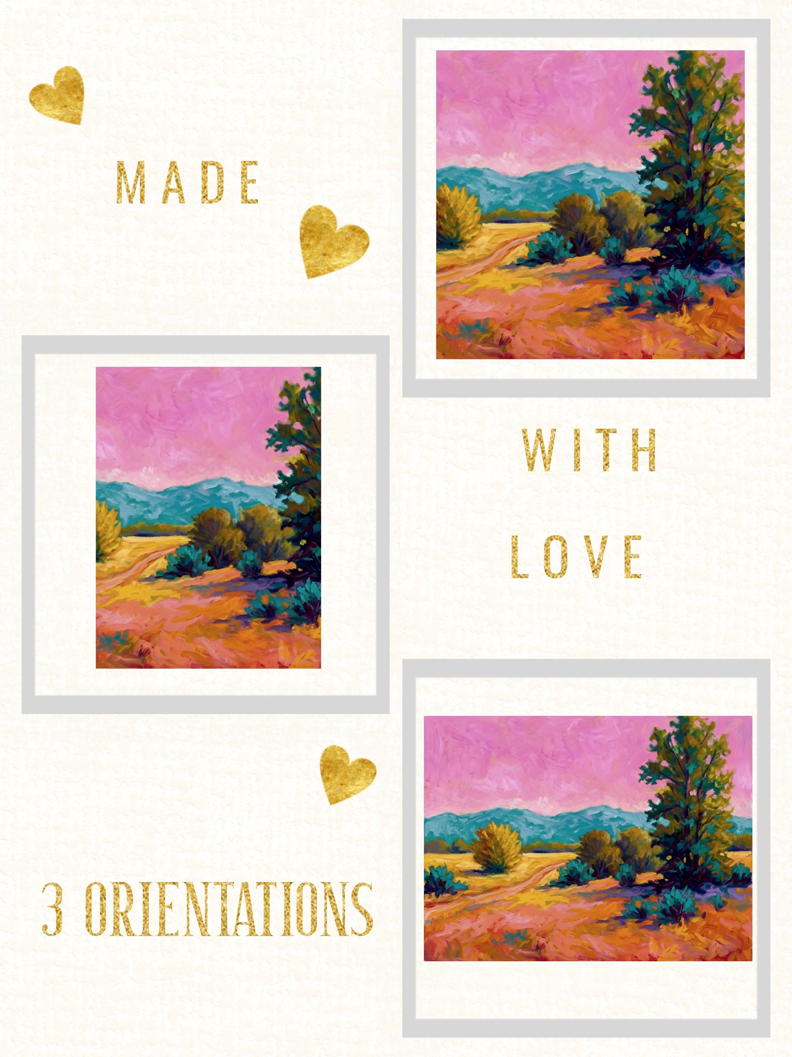 Colorful desert landscape wall art printable shown in three orientations horizontal vertical and square with pink sky artwork, digital download set with flexible sizing and cropping options