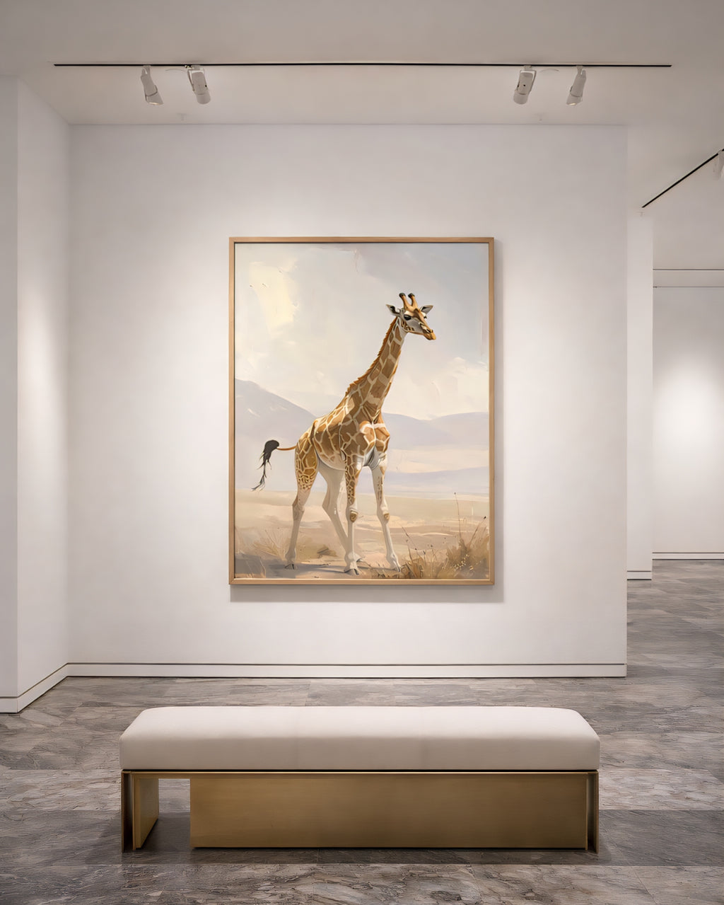 Neutral giraffe wall art printable displayed in modern minimalist interior, safari animal digital download wall decor.