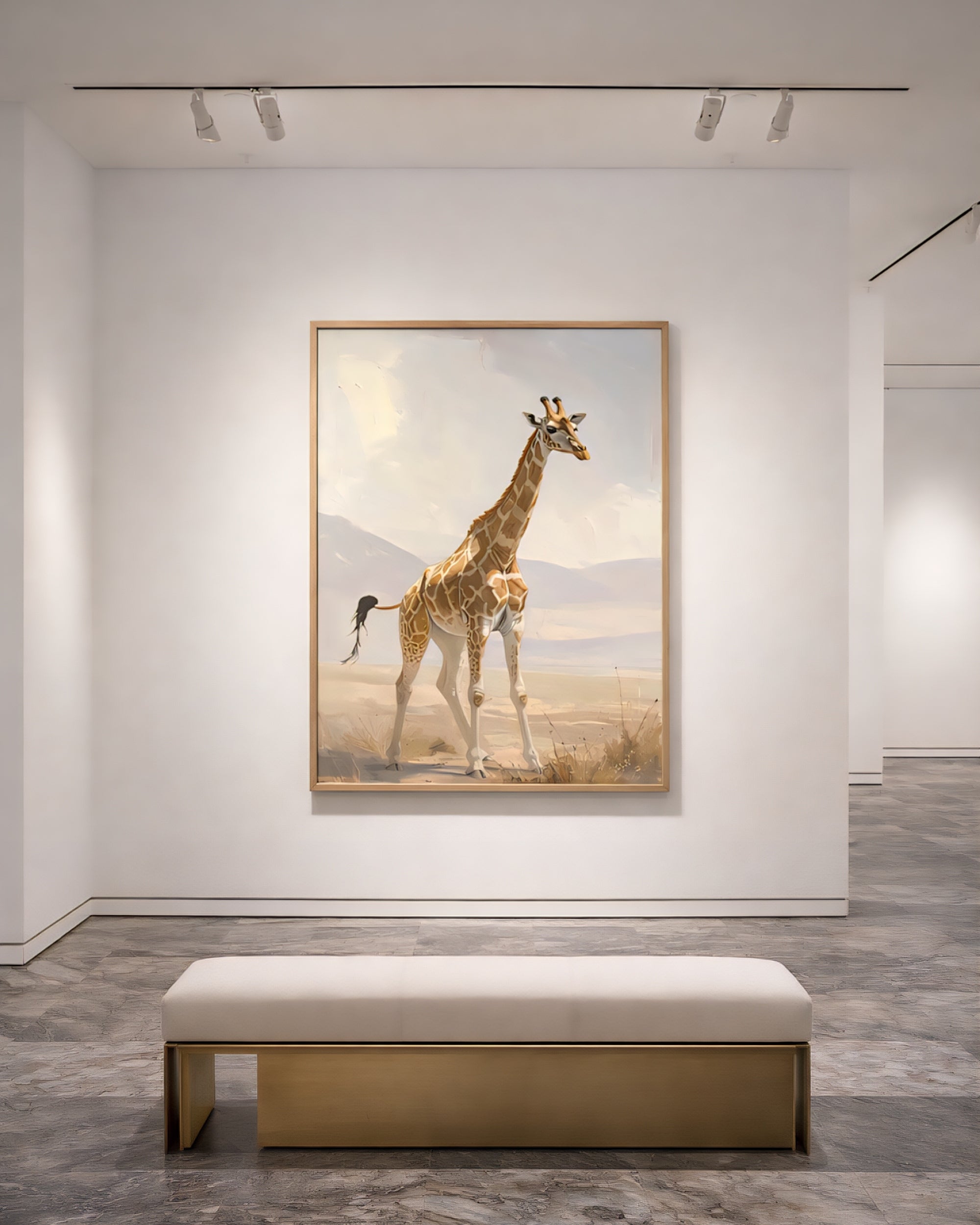Neutral giraffe wall art printable displayed in modern minimalist interior, safari animal digital download wall decor.