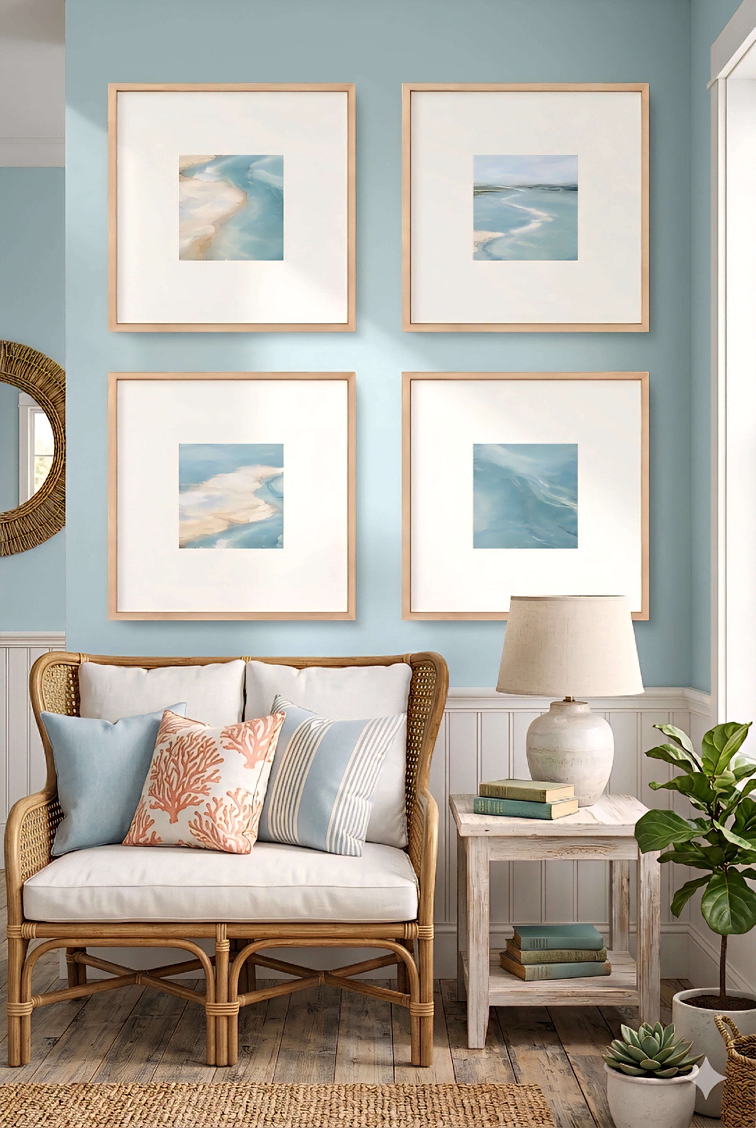 Coastal gallery wall with four framed ocean prints above chair with blue and coral pillows and side table