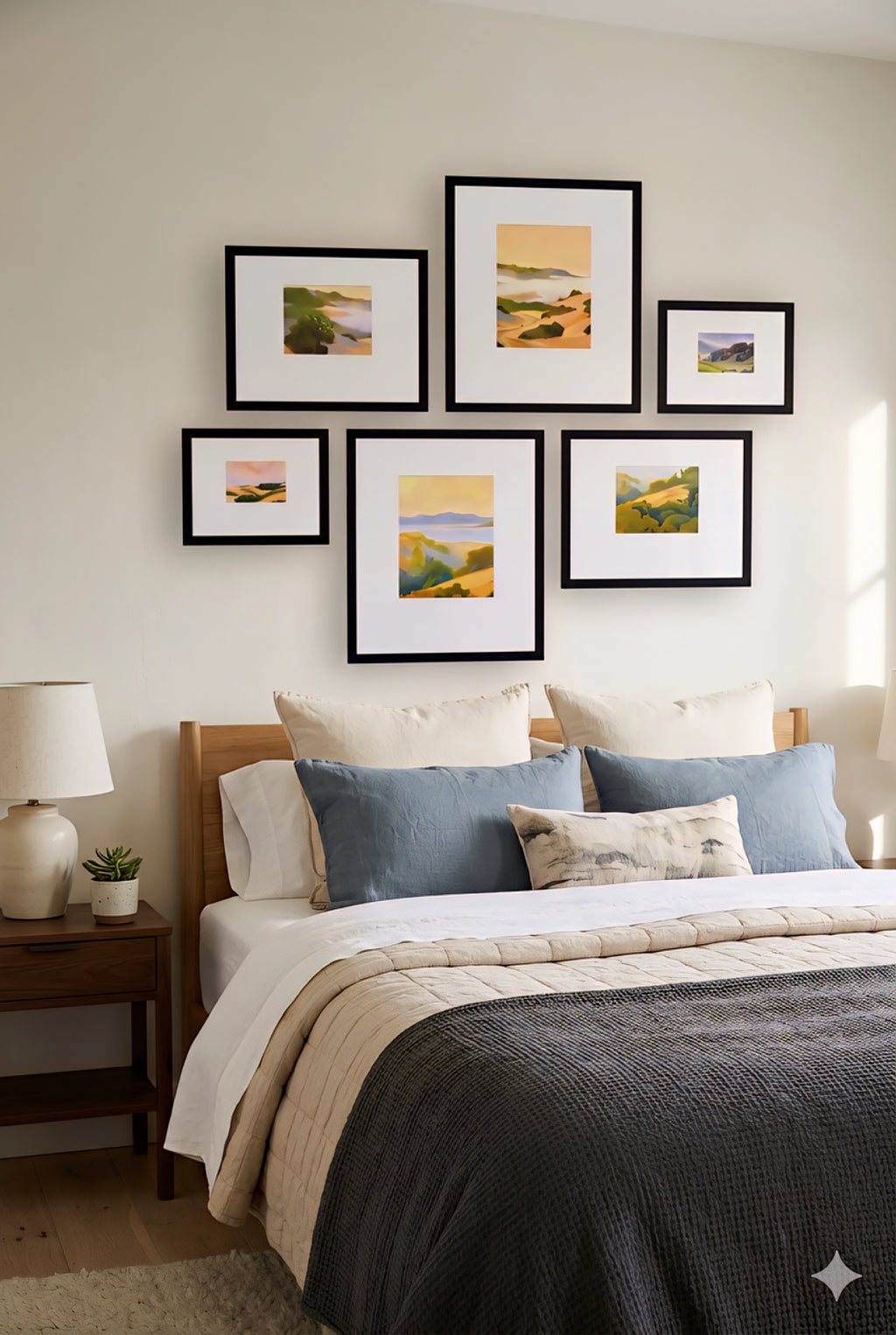 Neutral landscape gallery wall set of 7 printable art prints in soft earthy tones arranged above a bed, modern bedroom wall decor bundle with black frames and layout guide for an easy designer look
