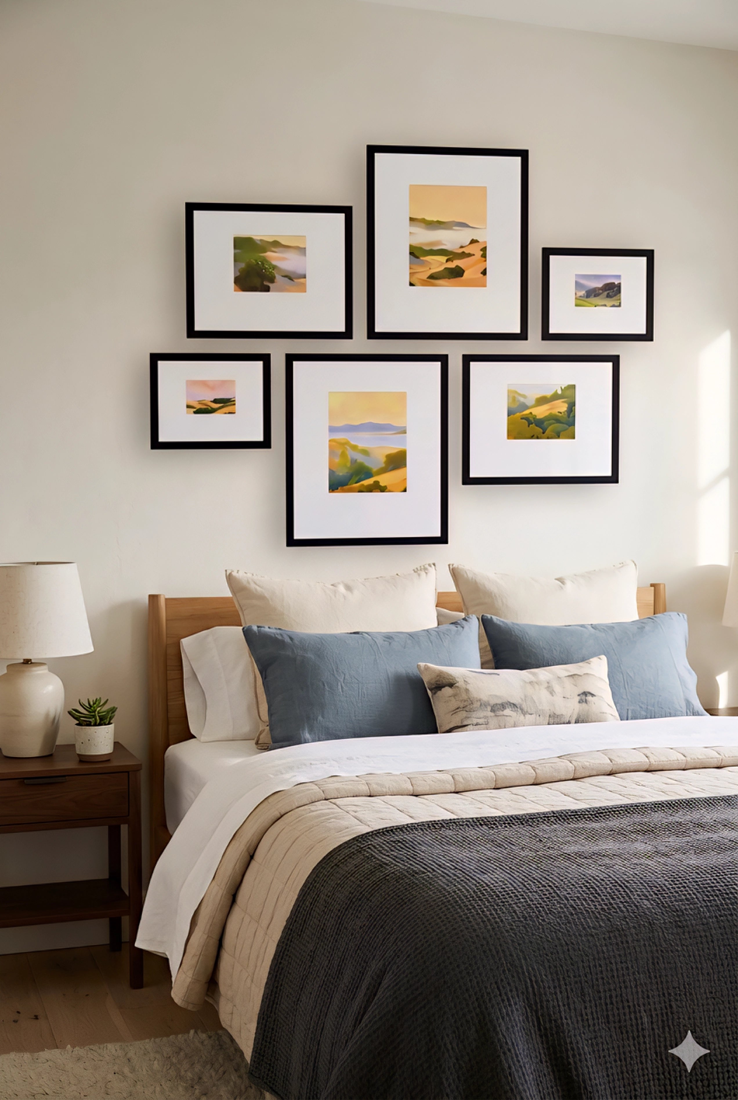 Neutral landscape gallery wall set of 7 printable art prints in soft earthy tones arranged above a bed, modern bedroom wall decor bundle with black frames and layout guide for an easy designer look