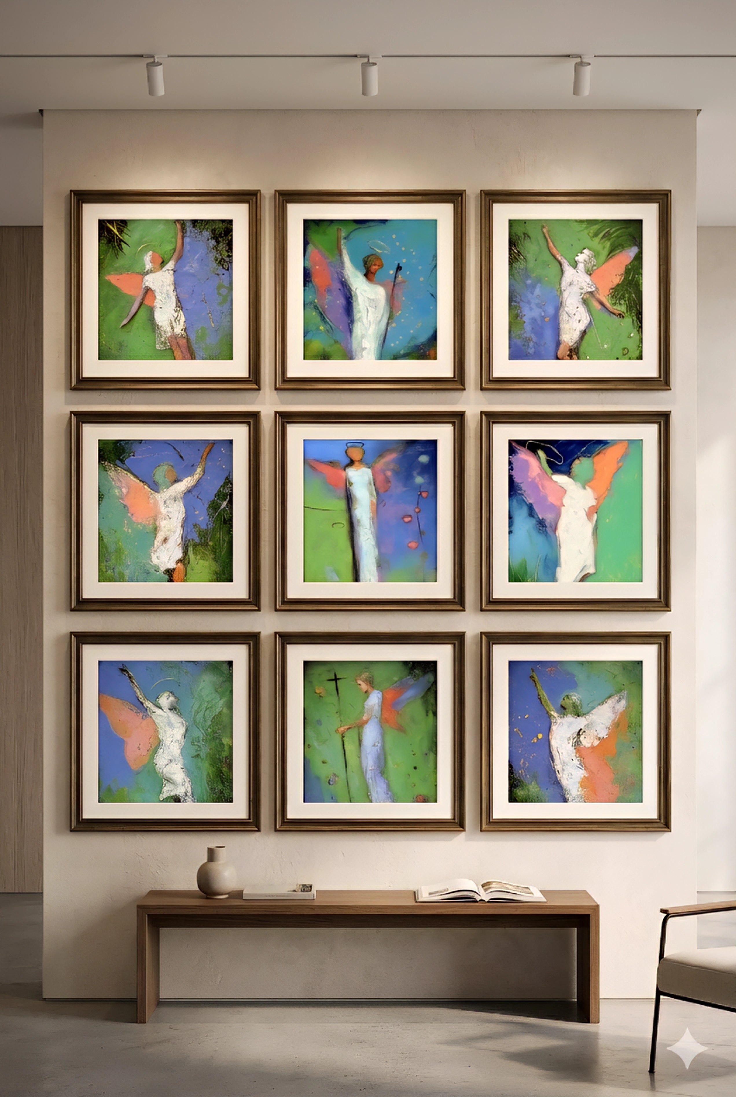 Gallery wall printable art set of 9, colorful angel artwork squares in gold frames, modern abstract spiritual wall decor, digital download arranged in grid above bench in neutral living room