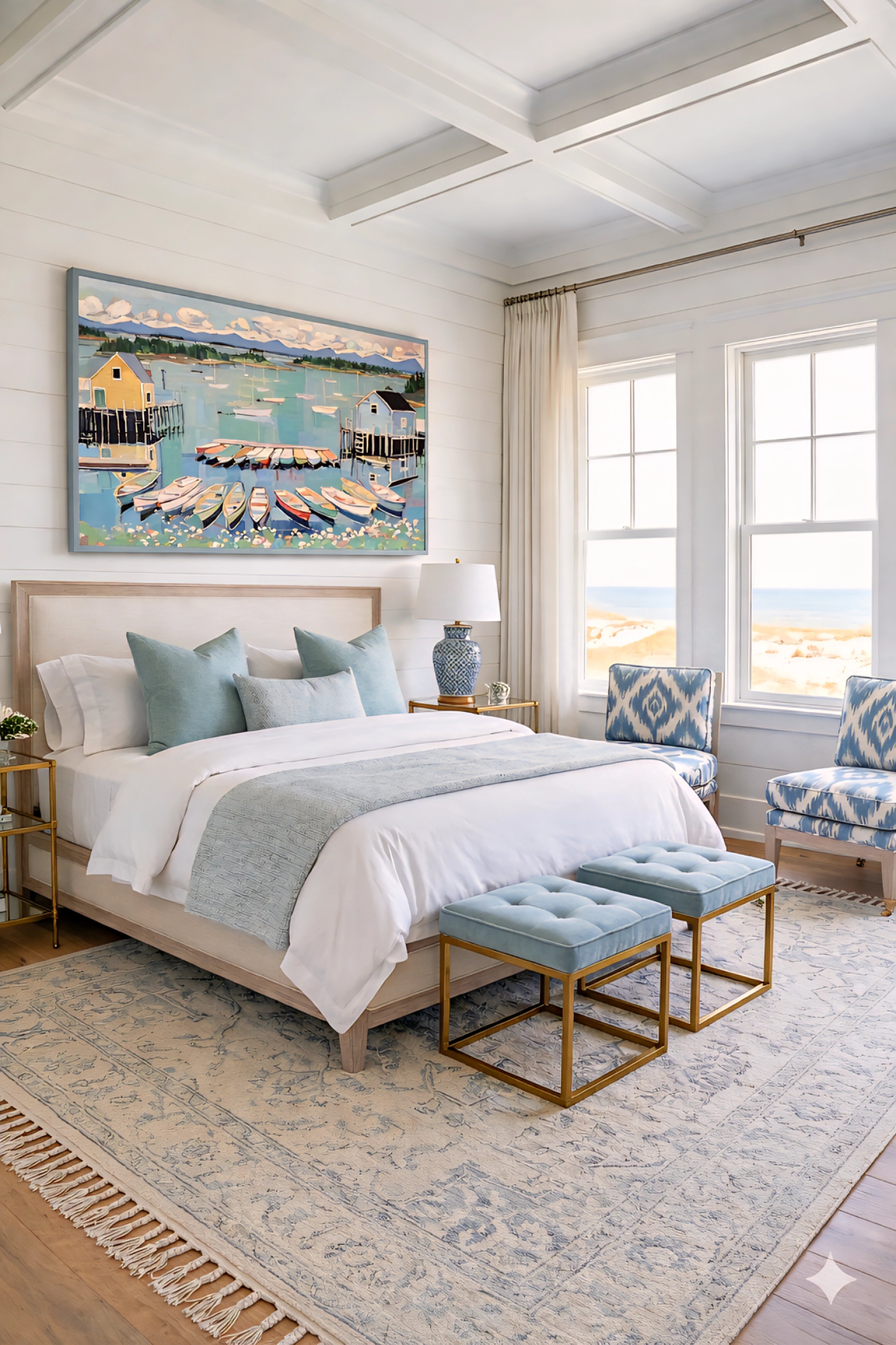 Coastal harbor printable wall art digital download in blue beach bedroom with light airy decor and ocean inspired tones