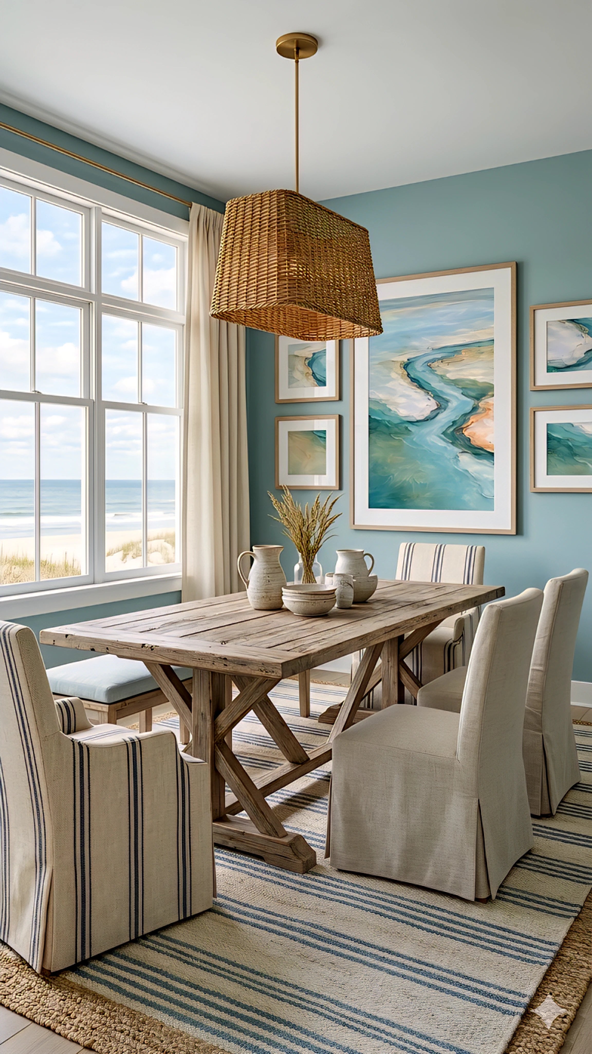 Coastal dining room with large ocean artwork and matching prints, wood table, upholstered chairs and ocean view window