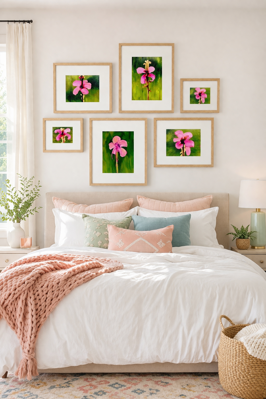 Pink floral printable gallery wall above bed in light neutral bedroom, soft blush and sage accents, light oak frames, DIY wall art download, affordable designer decorinspo