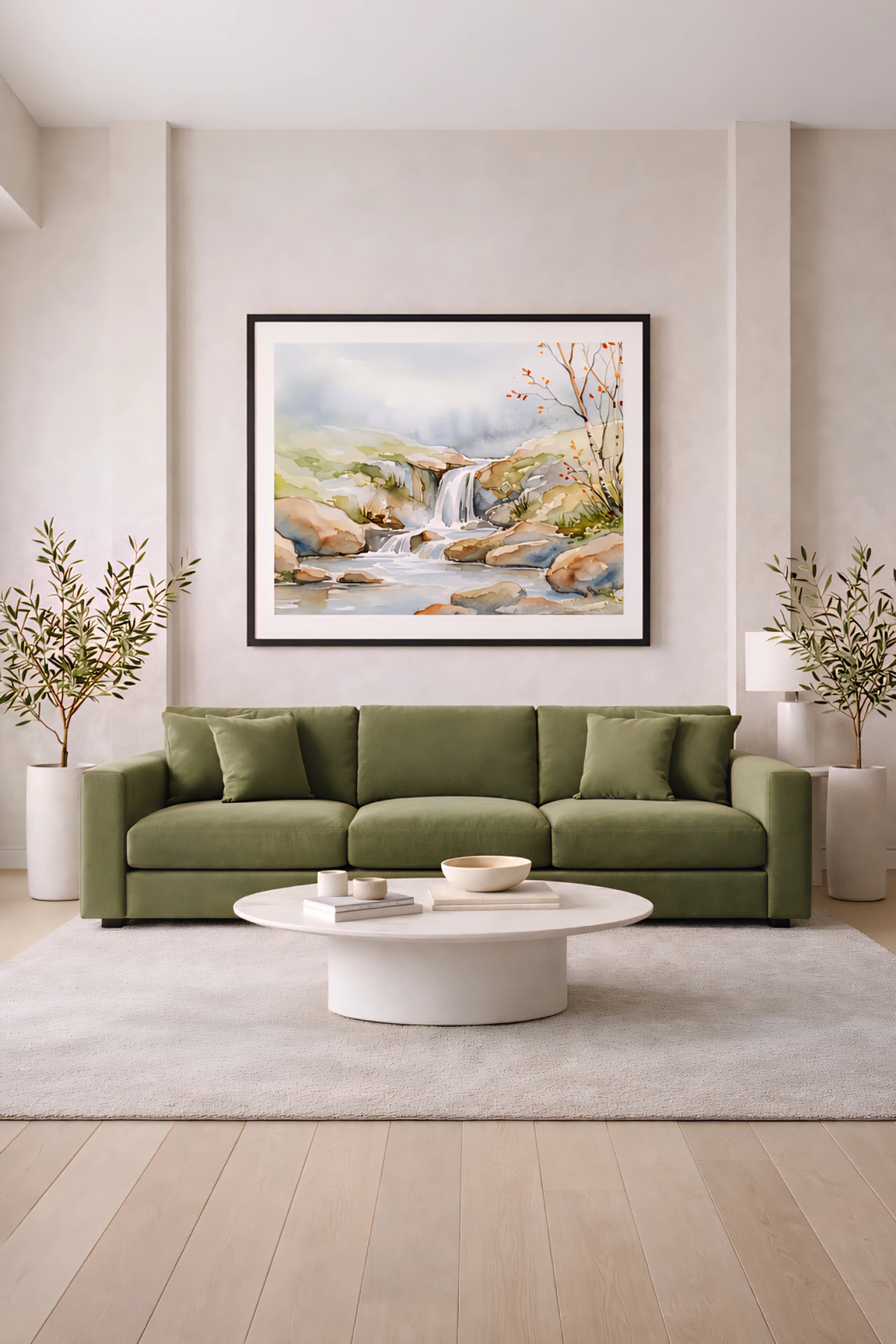 Waterfall landscape printable wall art displayed above a modern olive green sofa, featuring soft watercolor nature tones and earthy decorinspo styling in a clean, upscale living room.