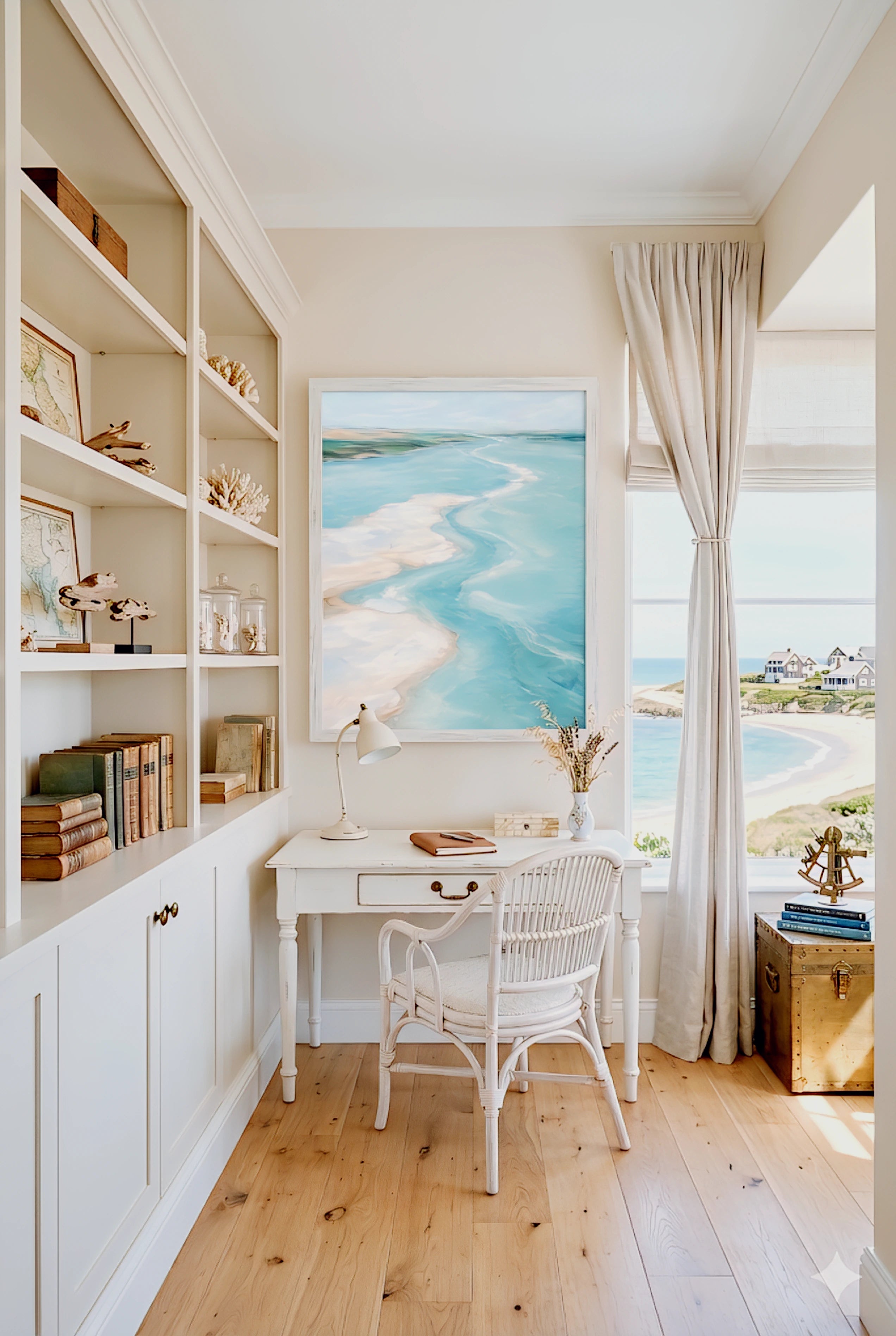 Coastal home office with large beach artwork above white desk, built in shelves and ocean view window