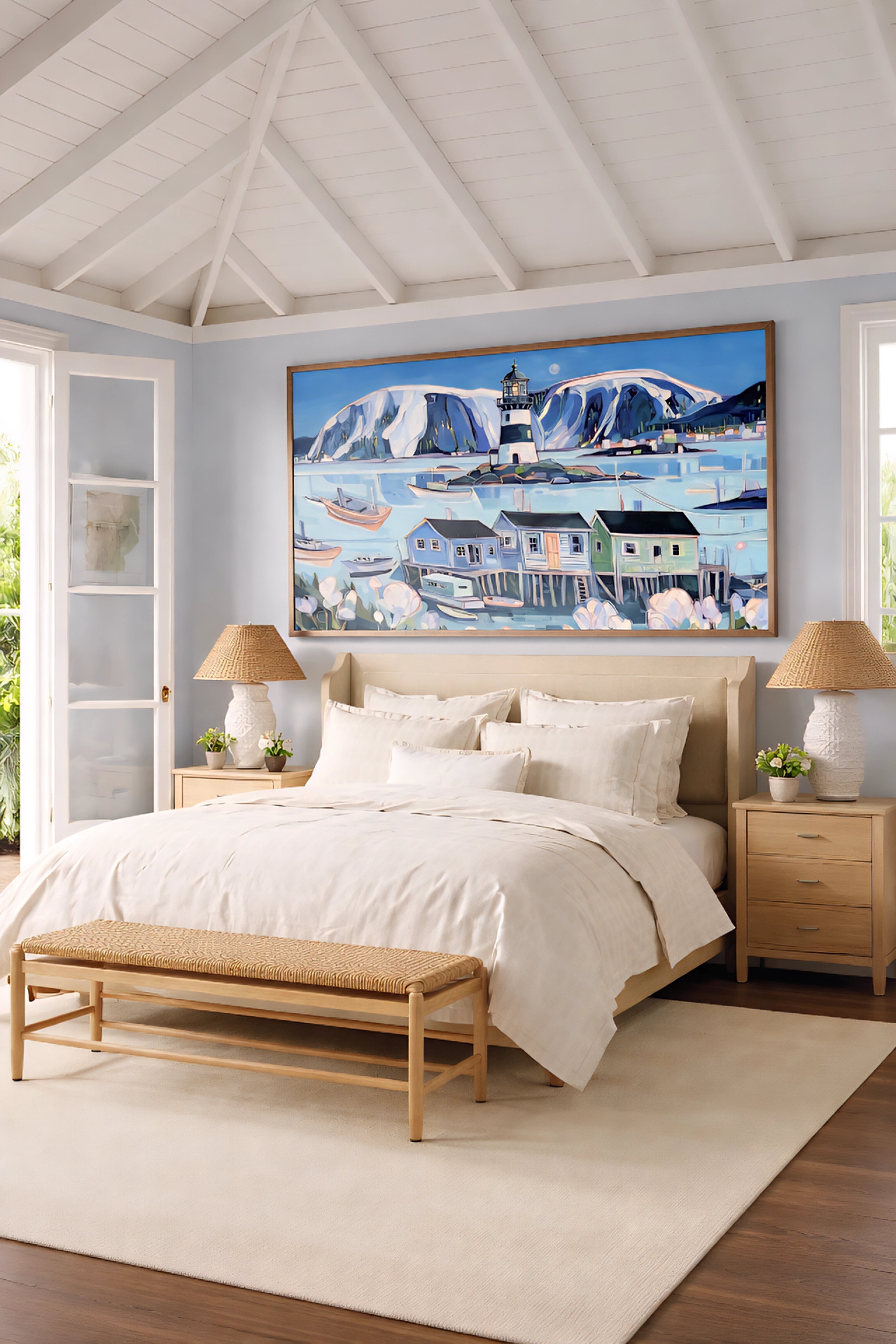 Coastal bedroom wall art  featuring horizontal lighthouse harbor digital print  in wood frame above bed, soft neutral bedding, woven bench, light blue walls and airy beach house decor inspiration