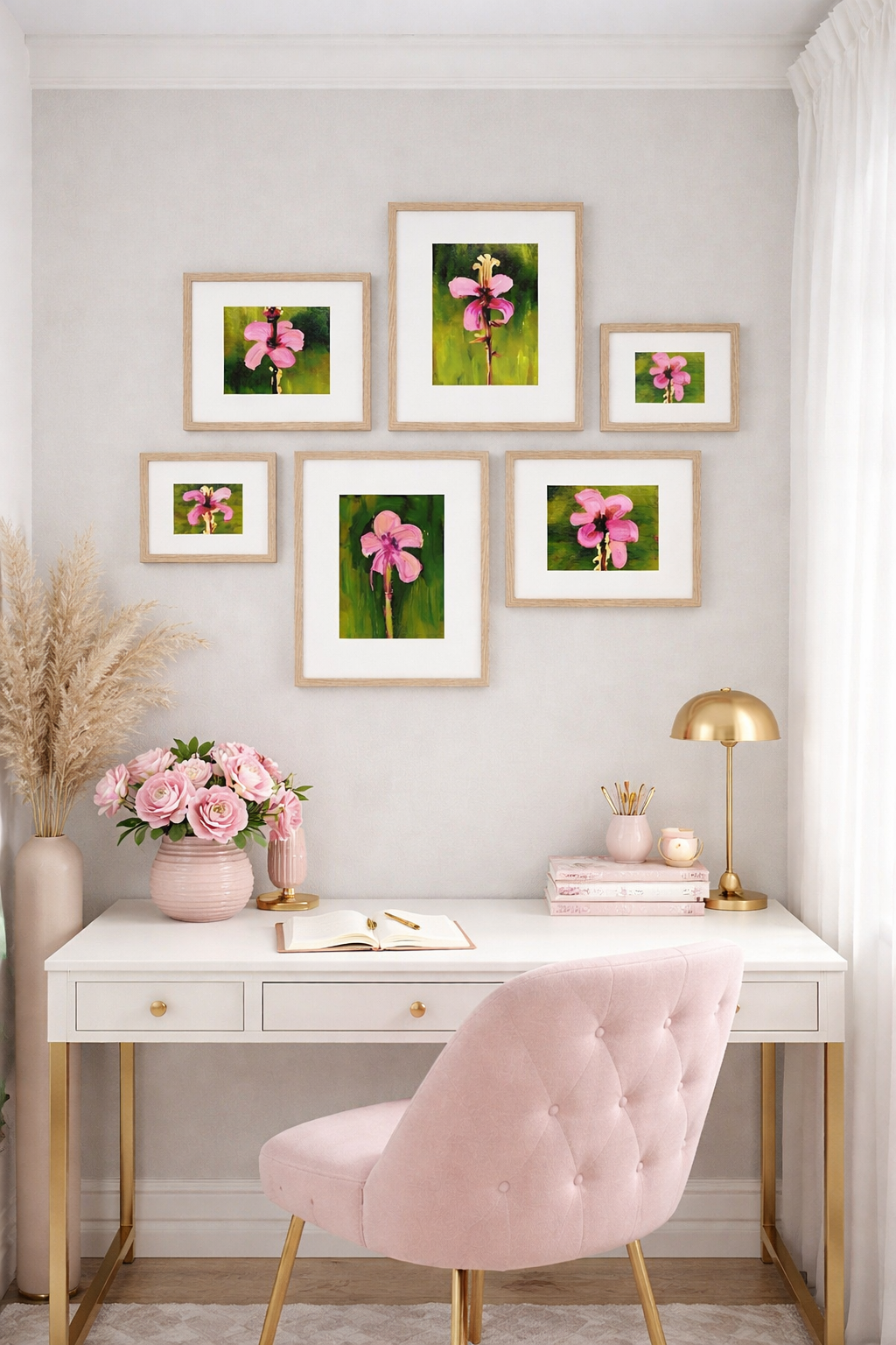 Printable gallery wall set of pink floral art in feminine home office, light oak frames above white desk, blush chair and gold accents, DIY wall art download, affordable designer decorinspo