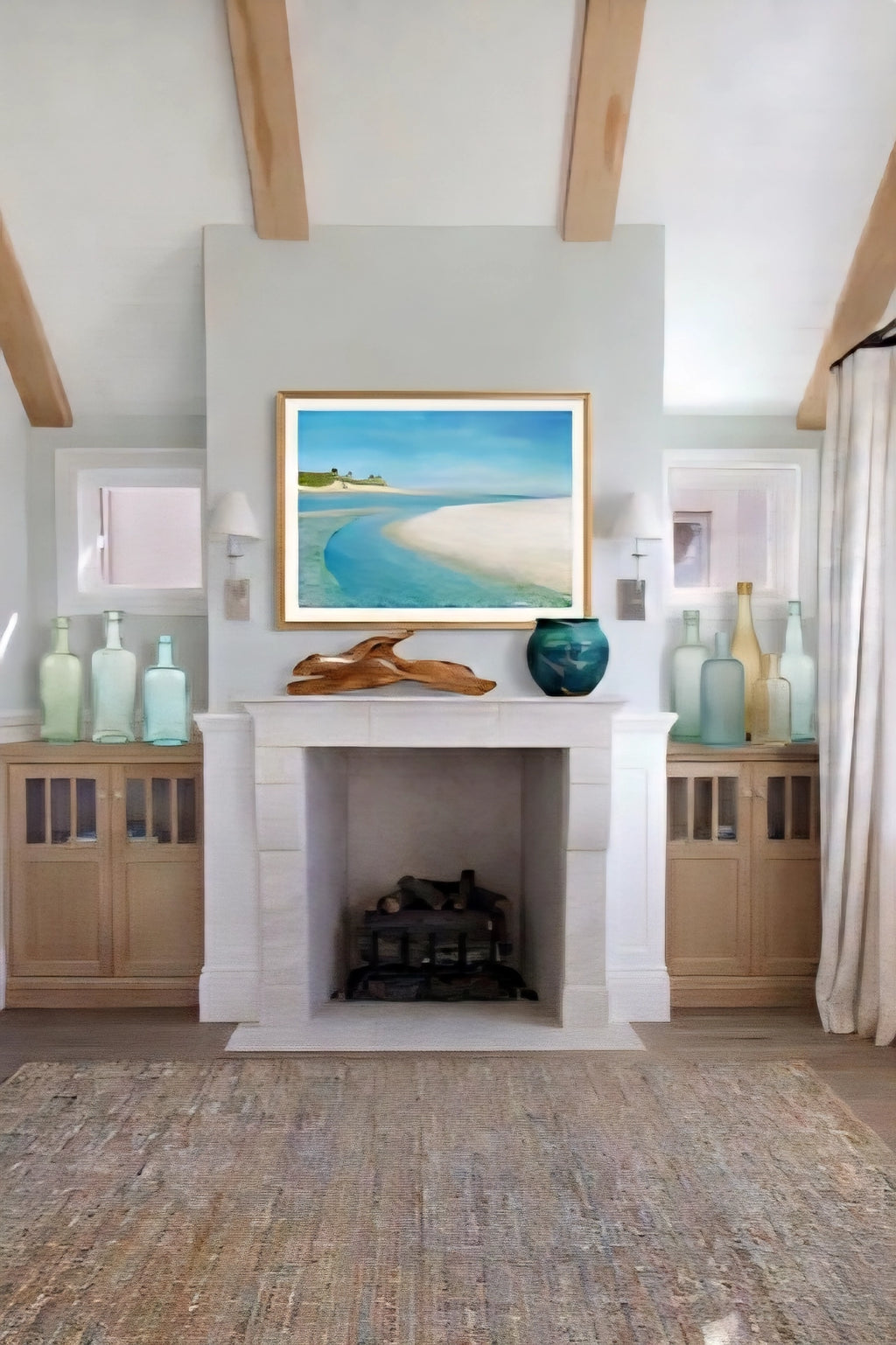 Large coastal beach wall art in modern living room 