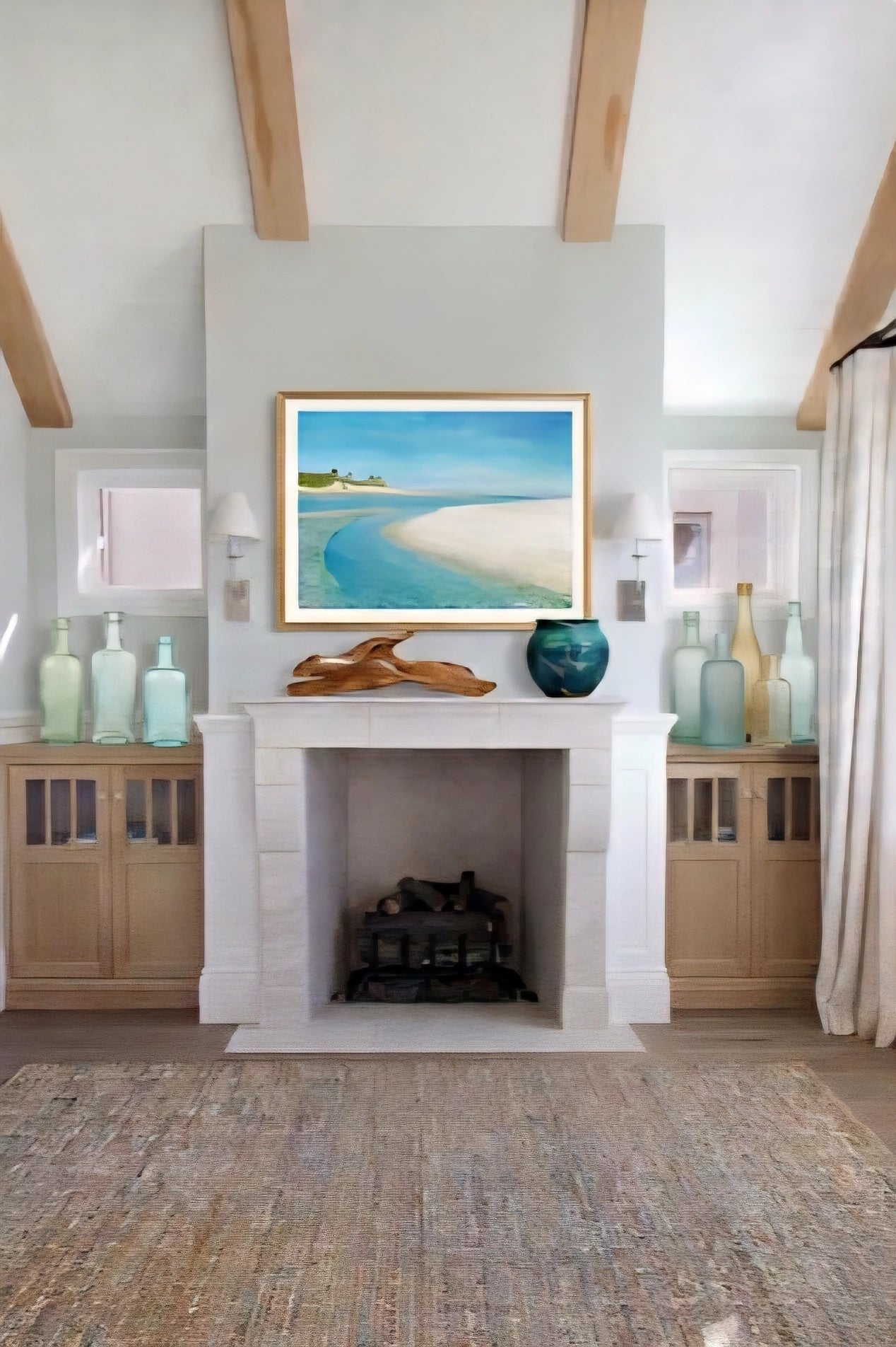 Large coastal beach wall art in modern living room 