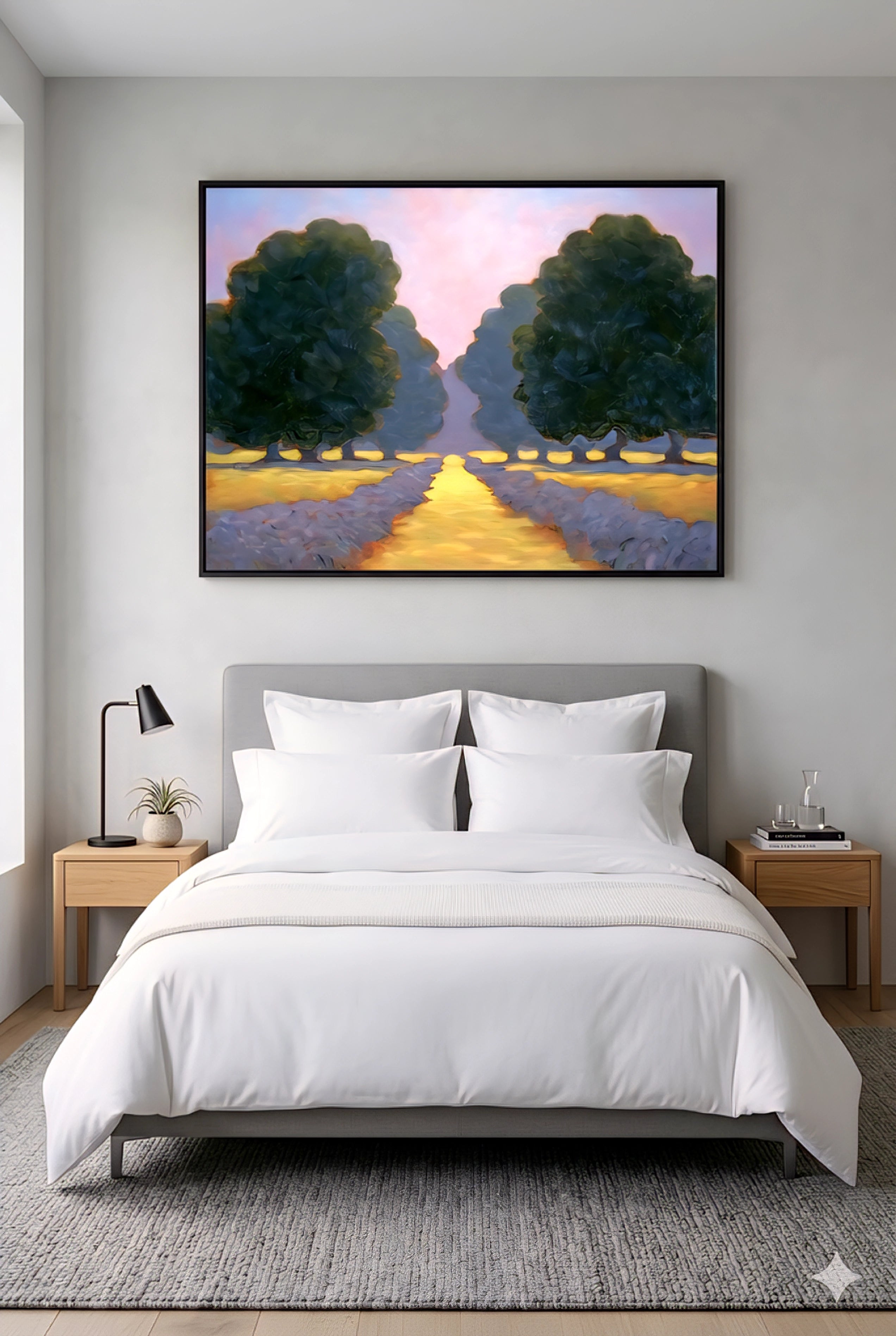 Large horizontal lavender field wall art above a modern bed, featuring a glowing golden path between rows of purple flowers and deep green trees under a soft pastel sky, impressionist landscape style digital download, oversized statement print scalable up to 55 inches
