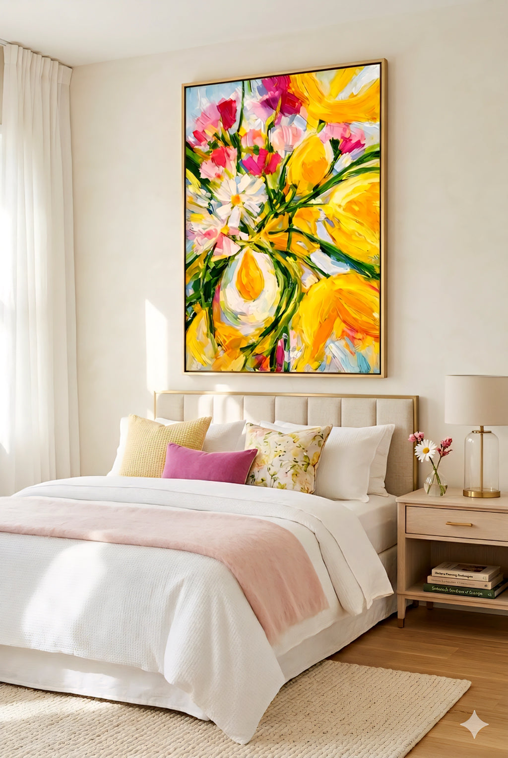 Large yellow and pink floral abstract wall art above a bed in a bright neutral bedroom with soft linens, layered pillows, and natural wood accents, creating a fresh, airy decorinspo look