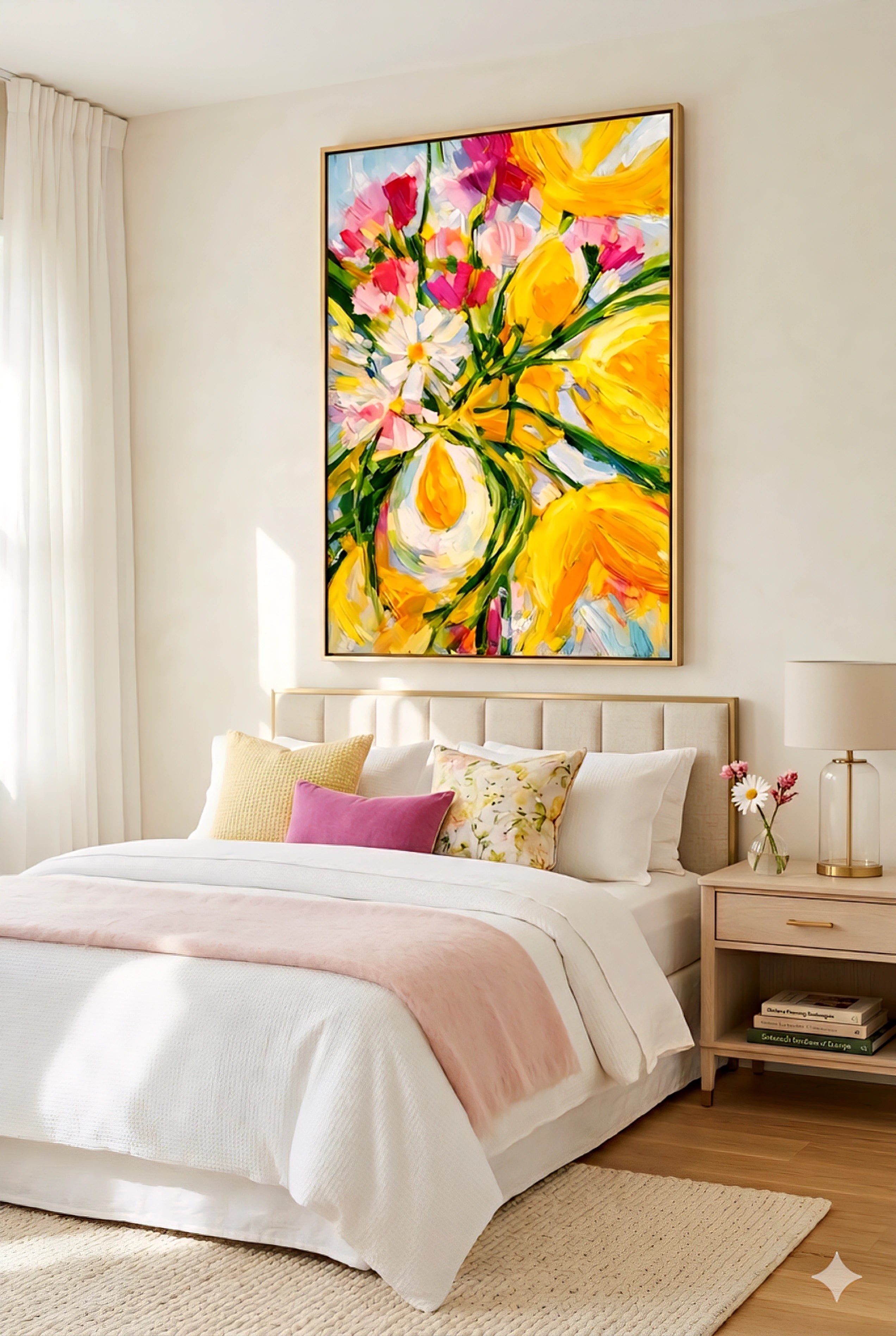 Large yellow and pink floral abstract wall art above a bed in a bright neutral bedroom with soft linens, layered pillows, and natural wood accents, creating a fresh, airy decorinspo look
