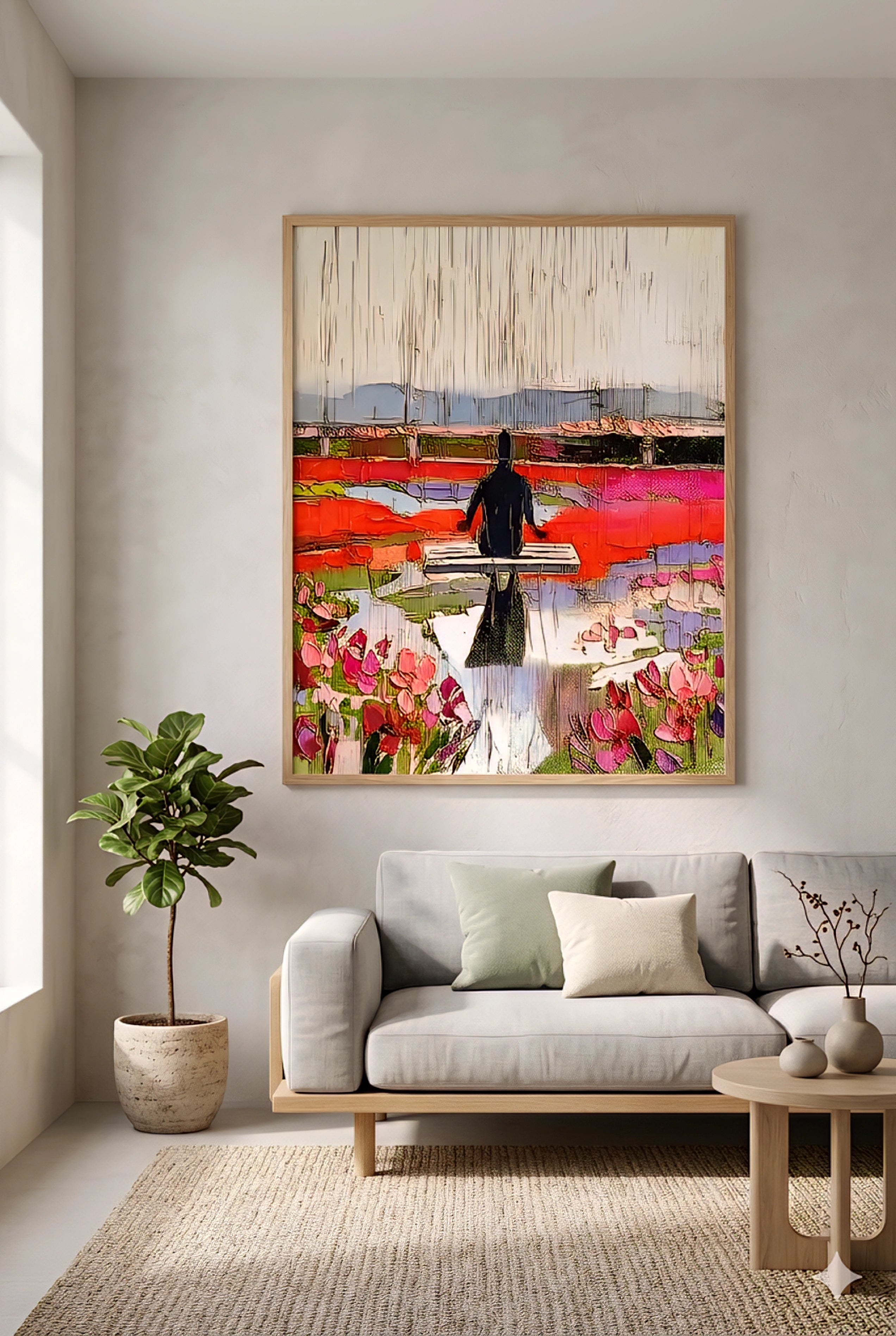 Large colorful abstract tulip field wall art print displayed in a modern neutral living room above a sofa, featuring a figure on a dock at sunset with textured painterly details
