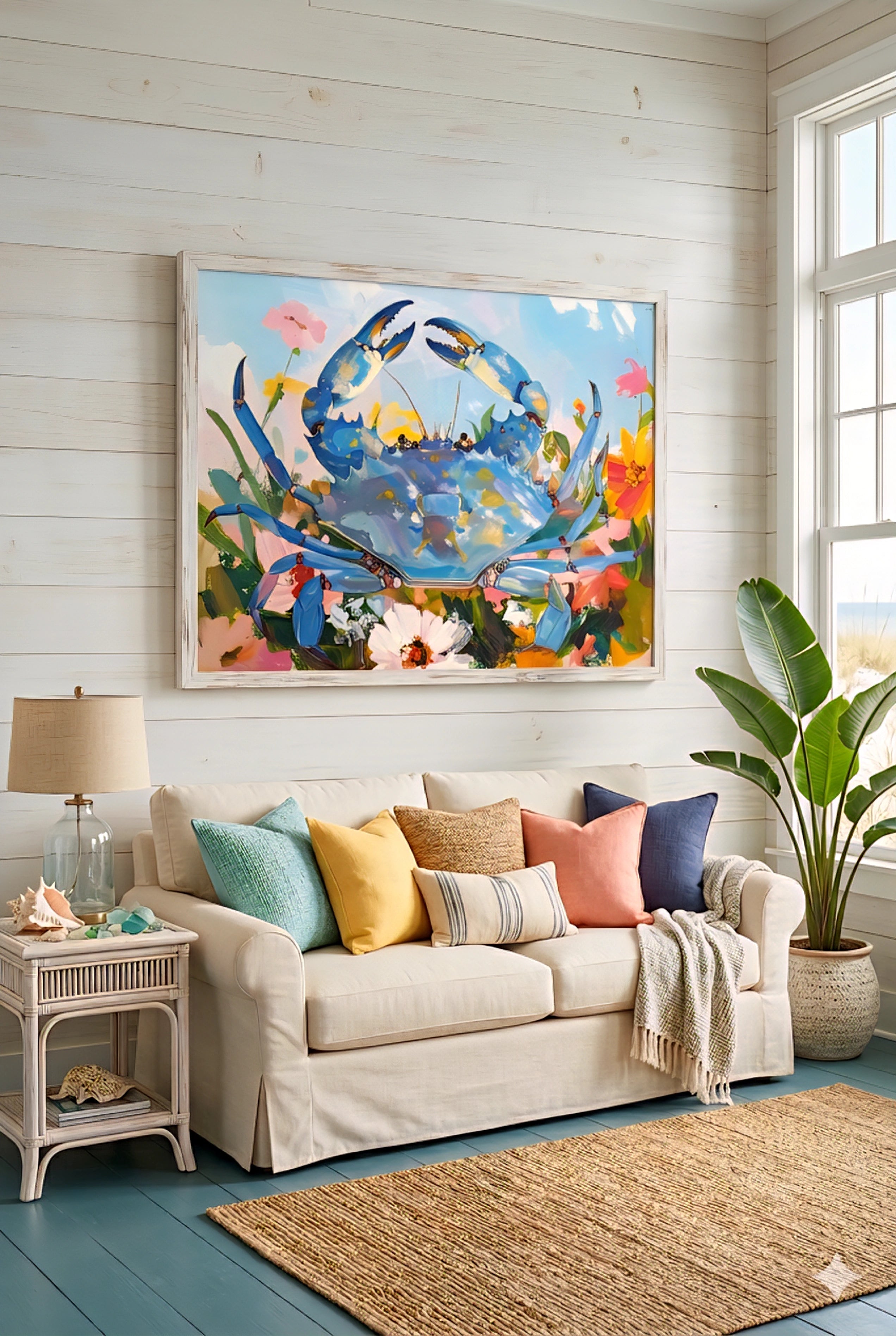 Blue crab coastal wall art above a neutral sofa in a bright beach living room with colorful pillows, shiplap walls, and relaxed seaside decor