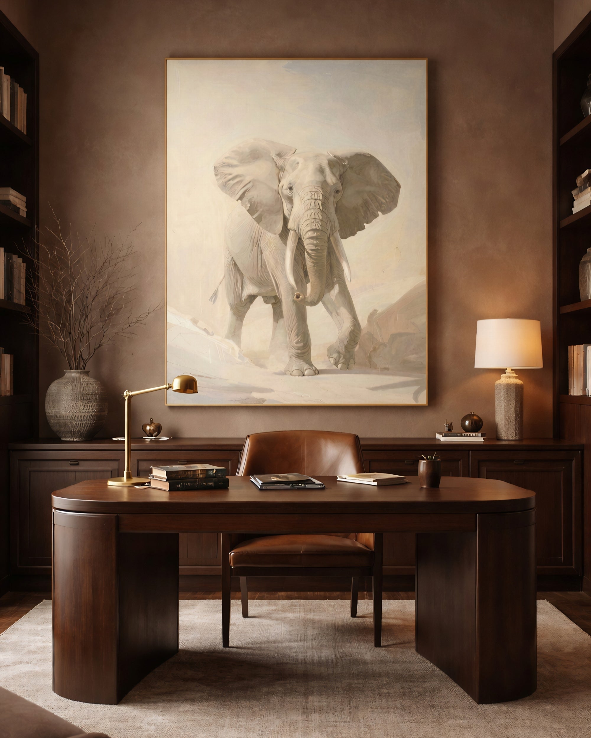 Neutral elephant wall art printable digital download displayed in sophisticated study with brown walls and wood desk, large wildlife art printable neutral decor digital download