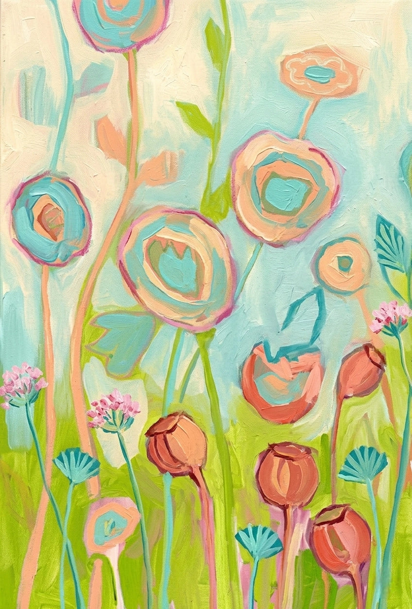 Pastel abstract floral wall art digital print, whimsical flowers in teal and blush, horizontal orientation
