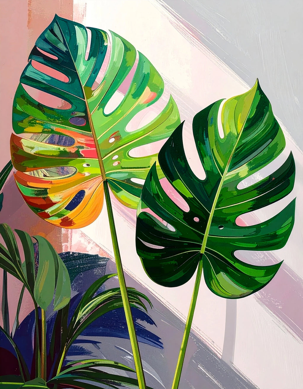 Vertical bold contemporary botanical wall art with oversized tropical monstera leaves in vibrant green, pink, and abstract modern color accents