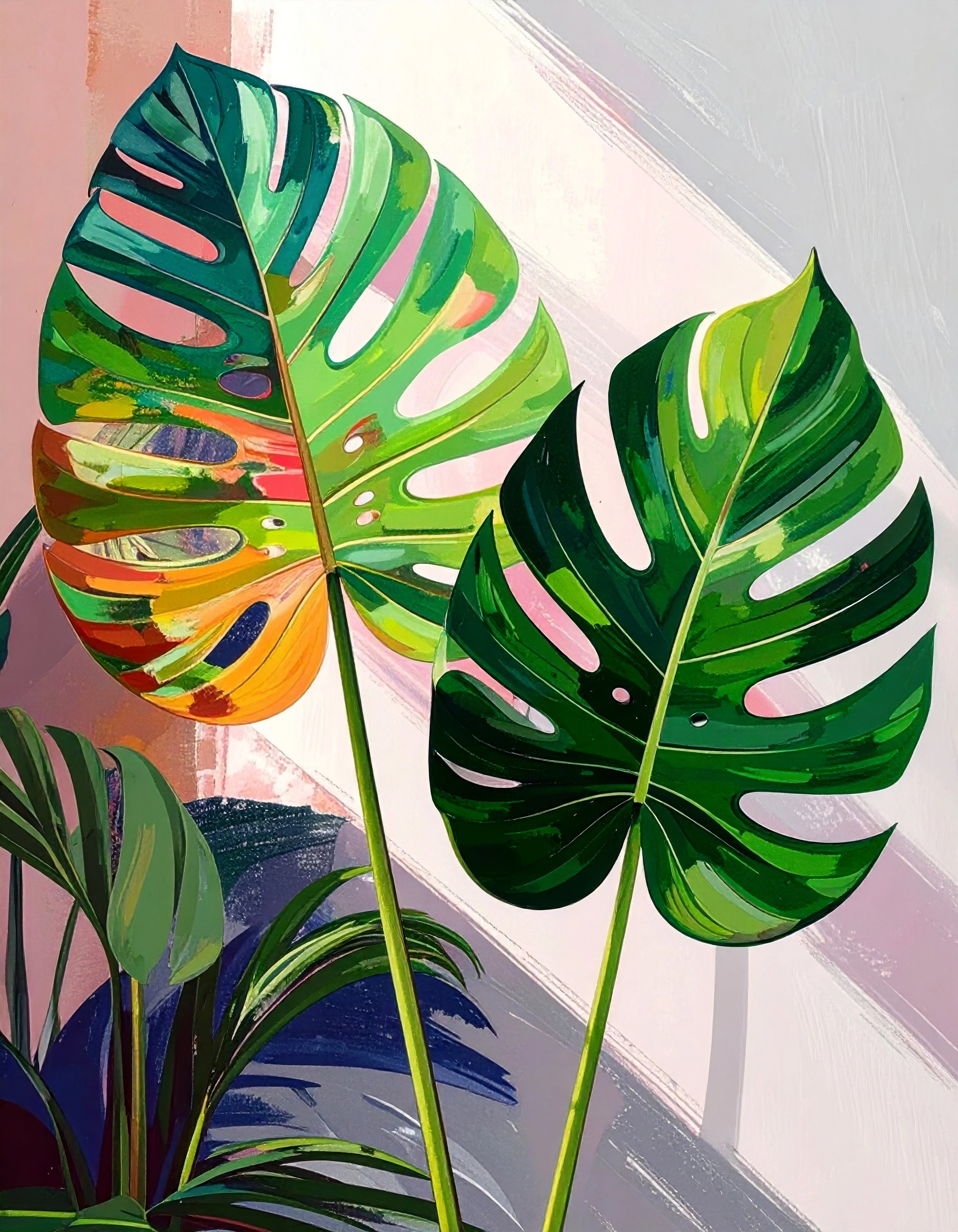 Vertical bold contemporary botanical wall art with oversized tropical monstera leaves in vibrant green, pink, and abstract modern color accents