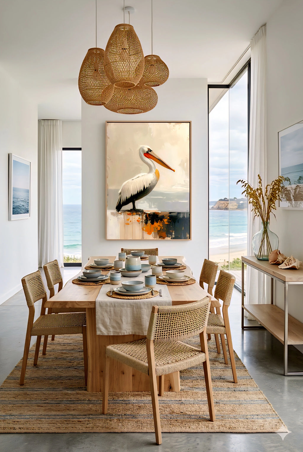 Modern coastal dining room with pelican wall art printable digital download in a bright beach house interior overlooking the ocean.
