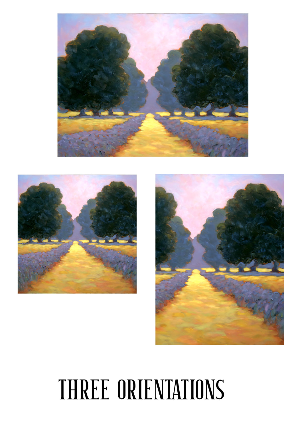 Golden hour landscape wall art digital download featuring a tree-lined path with soft lavender fields and warm sunlight, painterly impressionist style, available in horizontal, vertical, and square orientations, scalable up to 55 inches for large statement wall decor