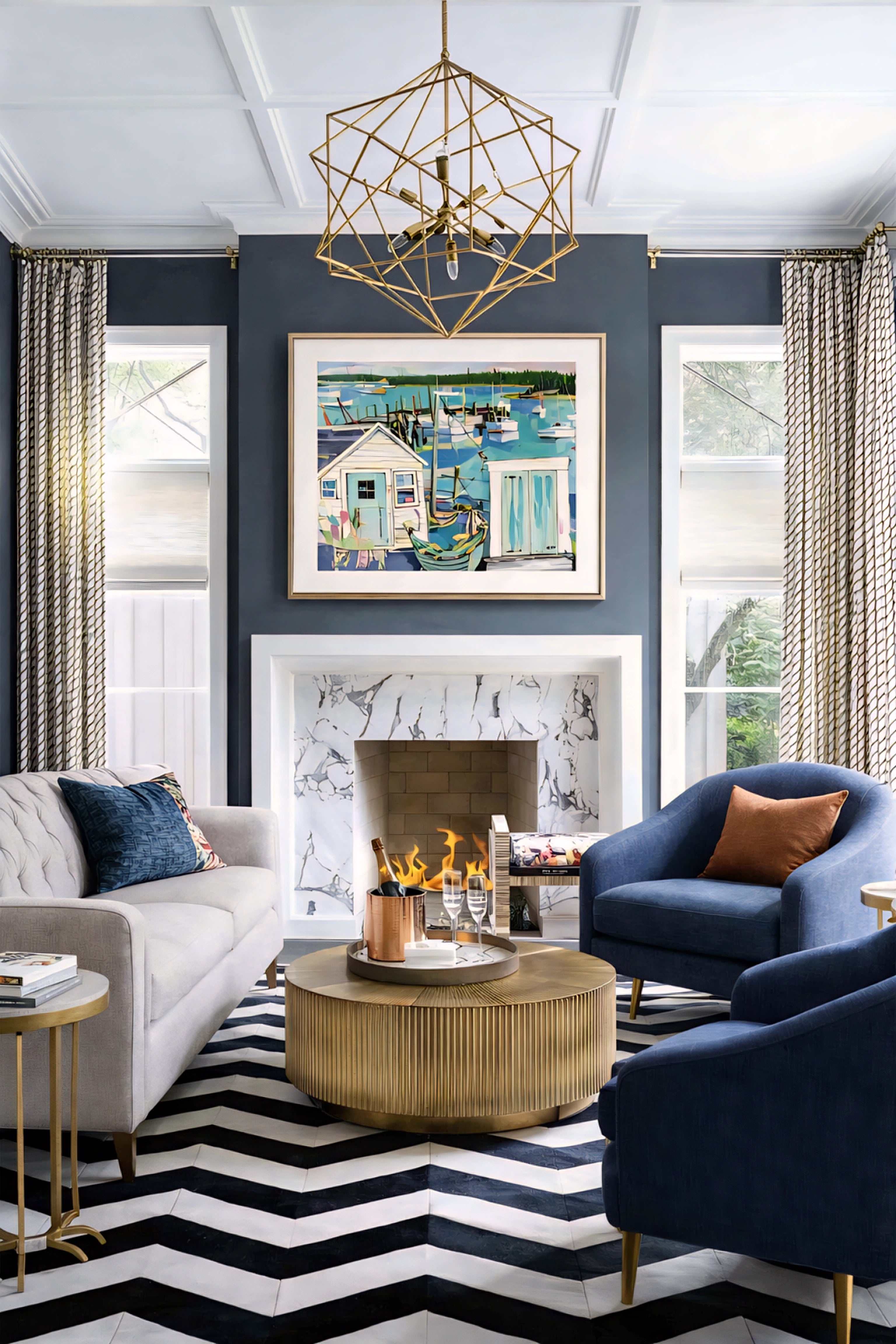 Coastal harbor wall art printable above fireplace in modern navy living room with gold accents, colorful nautical boats painting horizontal beach house decor