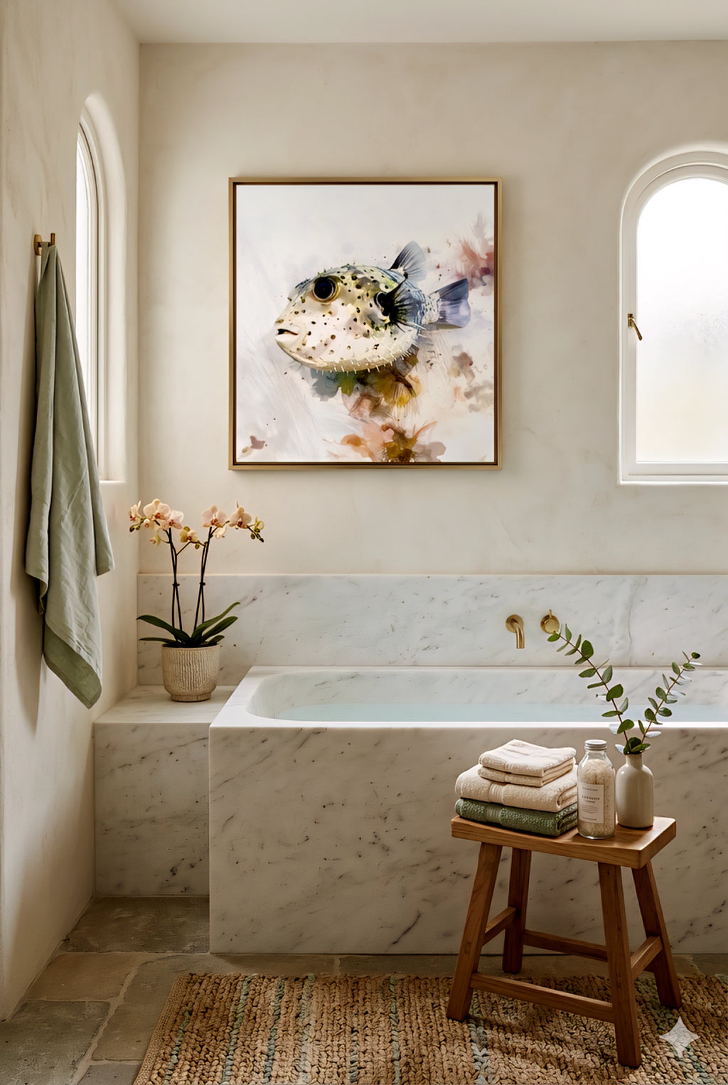 Bathroom with marble bathtub and digital puffer fish artwork on the wall.