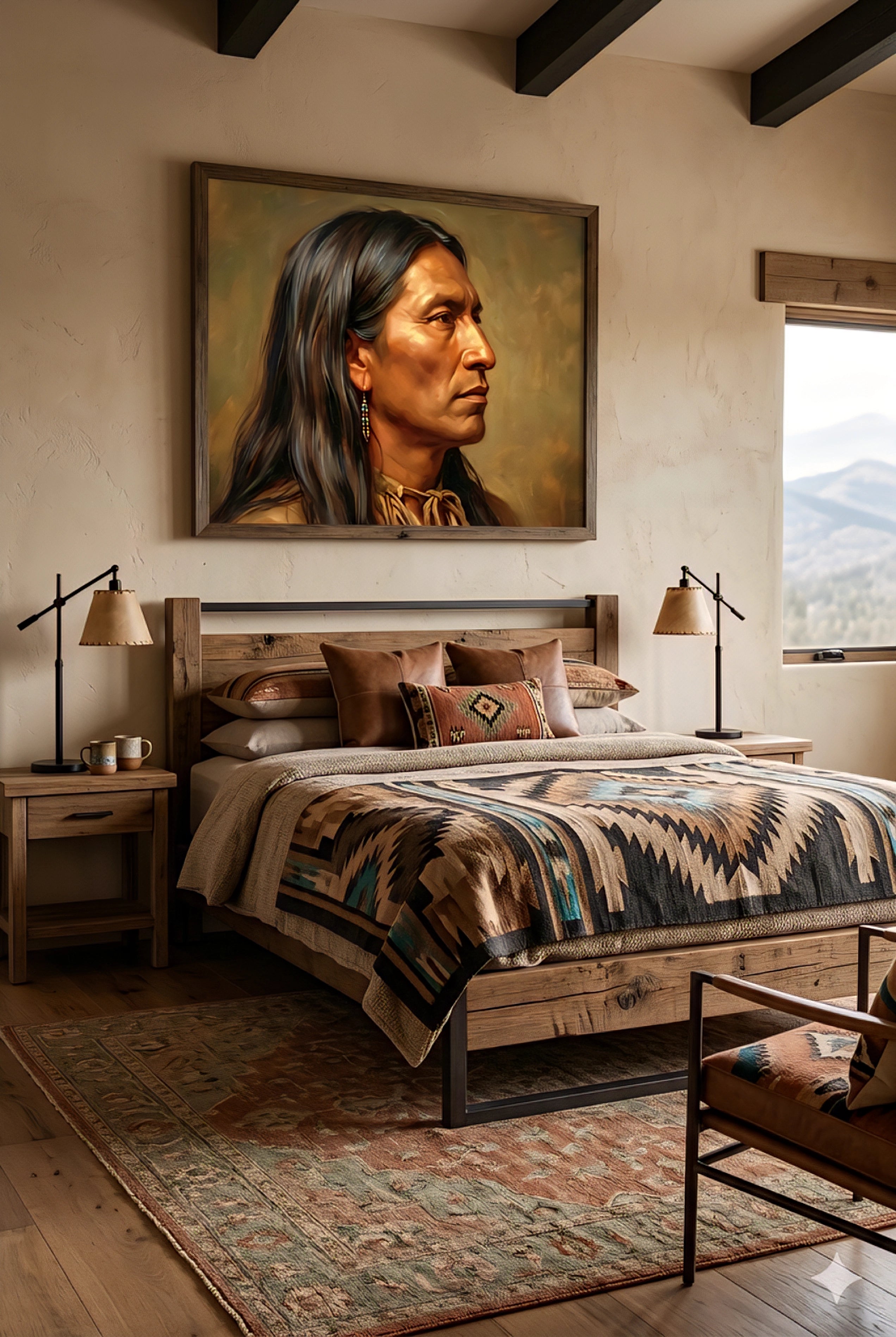 Framed Native American portrait wall art displayed above a bed in a modern southwestern bedroom with warm tones, wood furniture, and patterned textiles