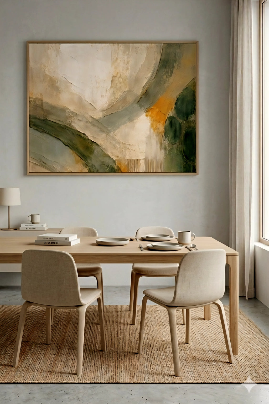 Large earth tone abstract wall art in horizontal frame above modern dining table, neutral beige room with wood furniture and soft natural light decorinspo
