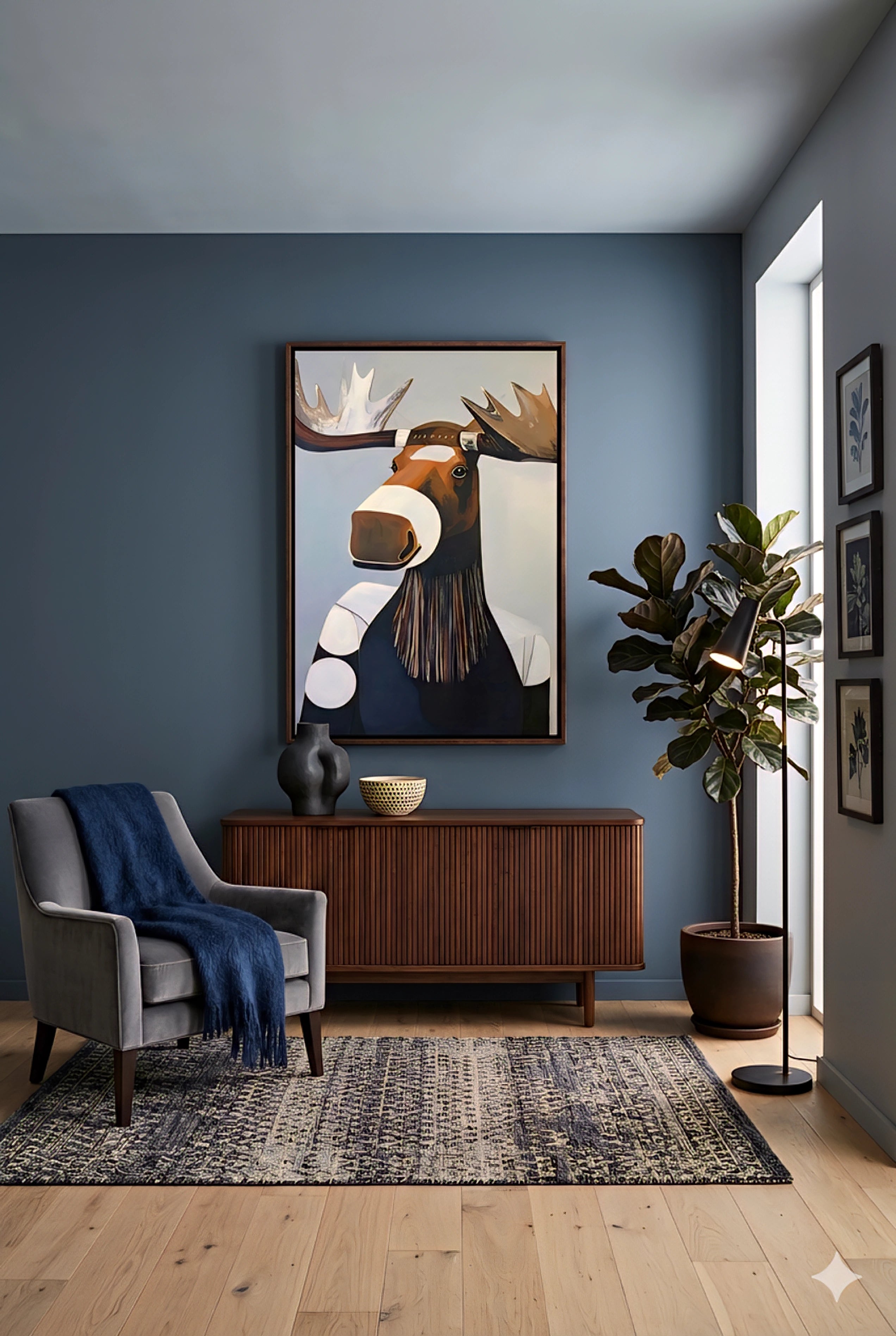 Moose wall art on blue accent wall above wood console, styled with chair, plant, and modern decor creating a calm, masculine living space