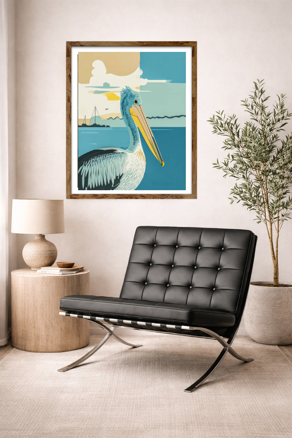 Living room with a black chair, lamp, and framed artwork of a mid-century pelican.