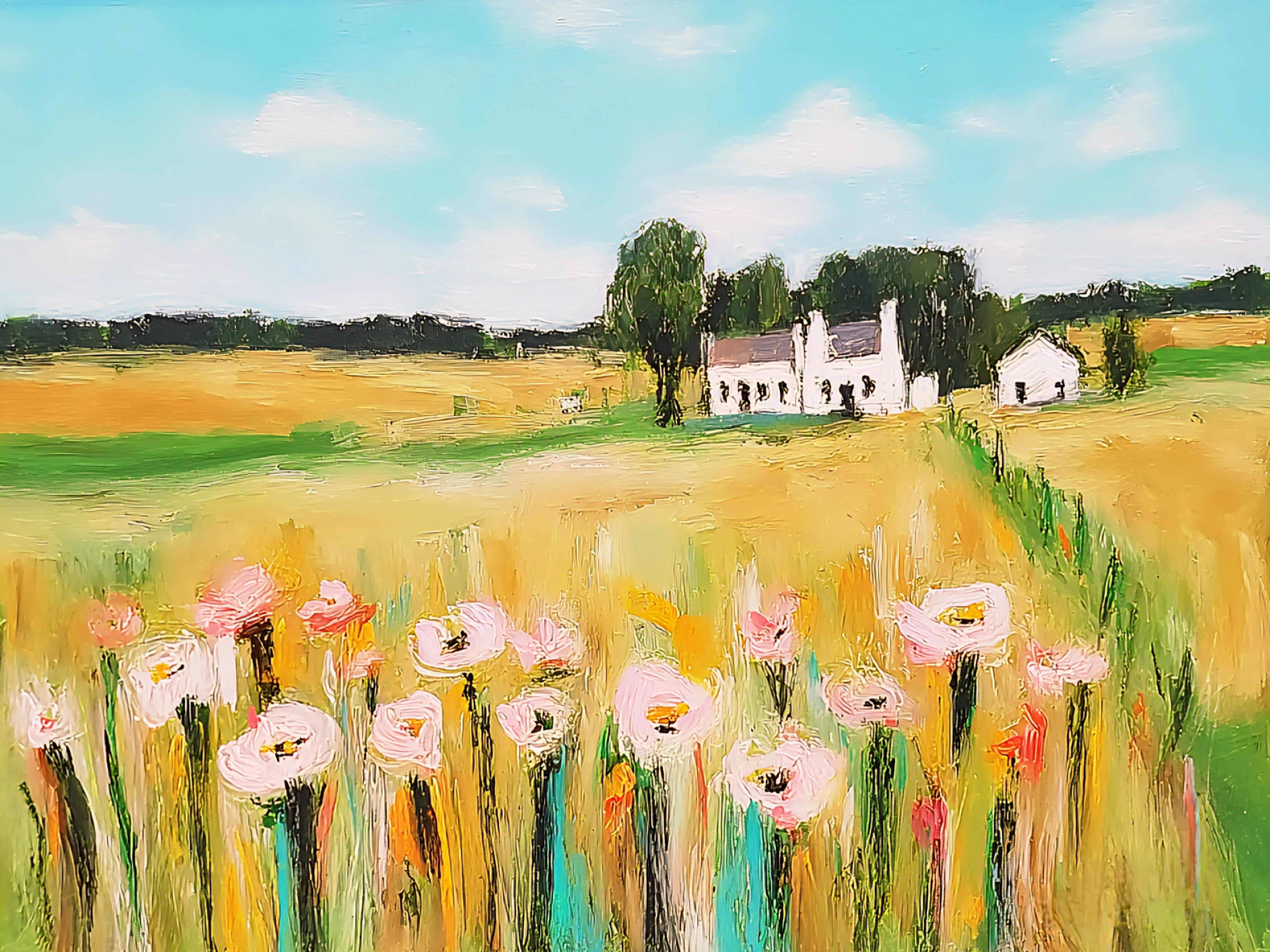 Horizontal impressionist farmhouse landscape with pastel flower field and blue sky