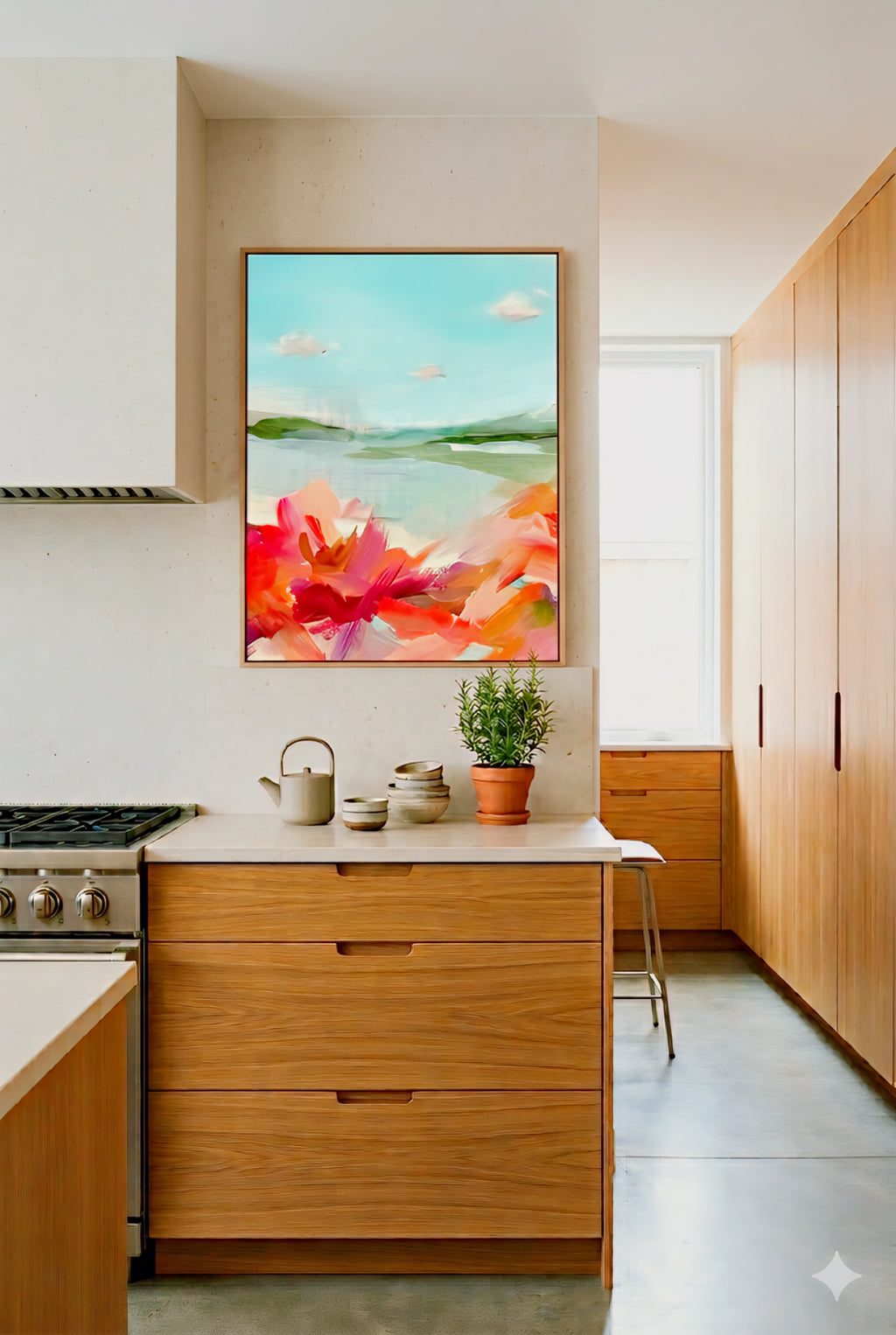 Abstract coastal landscape wall art in aqua and coral tones, modern vertical printable art in light wood frame styled in warm minimalist kitchen with natural wood cabinetry