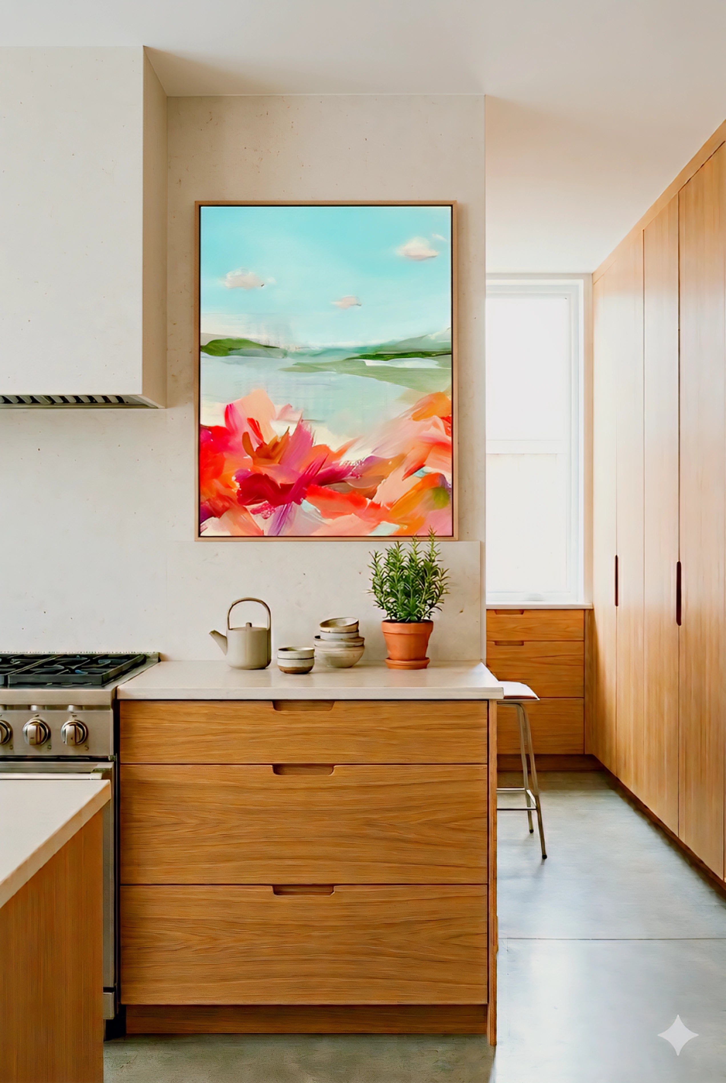 Abstract coastal landscape wall art in aqua and coral tones, modern vertical printable art in light wood frame styled in warm minimalist kitchen with natural wood cabinetry