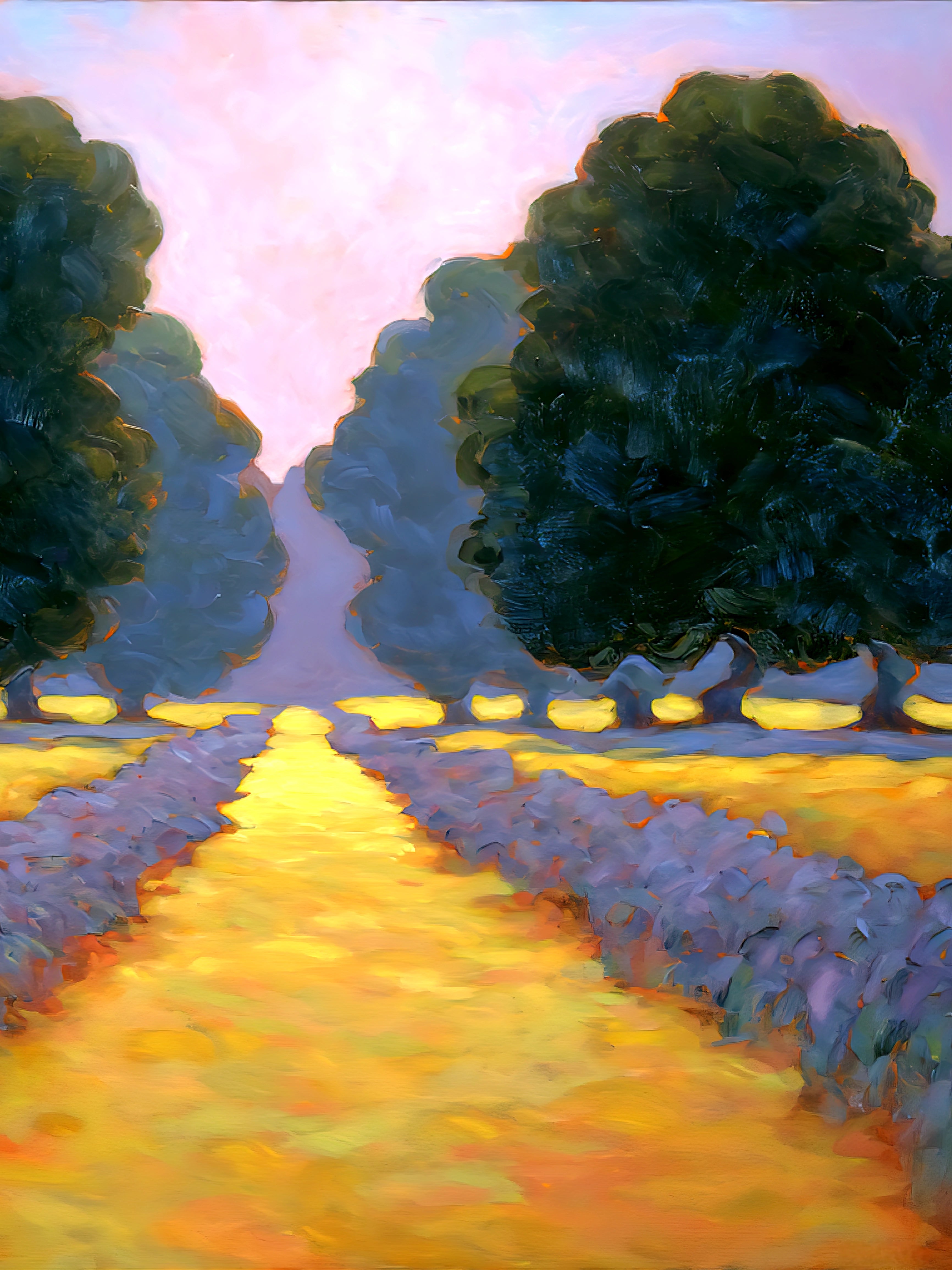 Vertical lavender field wall art digital download featuring a glowing golden pathway lined with purple blooms and lush green trees beneath a soft pastel sky, impressionist style painting, printable up to 55 inches for large statement wall decor