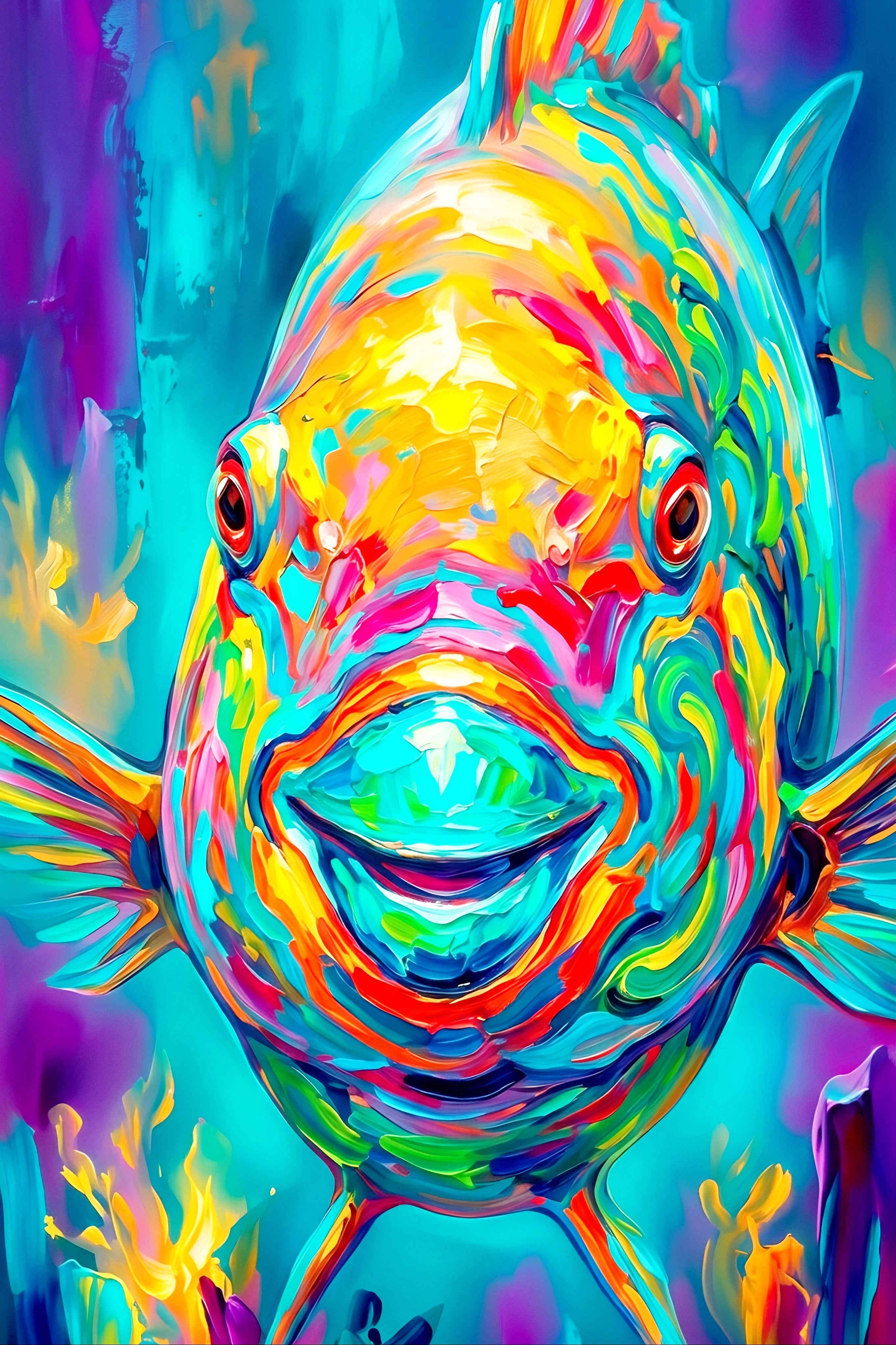 Vibrant colorful parrotfish wall art in bold neon tones, close-up tropical fish illustration with expressive brushstrokes, modern ocean decor digital download in vertical format for large statement prints.