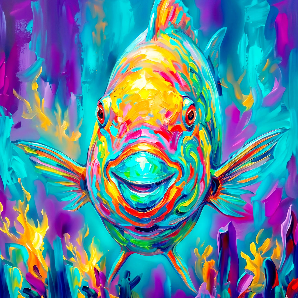 Vibrant colorful parrotfish wall art in bold neon tones, front-facing tropical fish illustration with expressive brushstrokes, modern ocean decor digital download in square format for large statement prints.