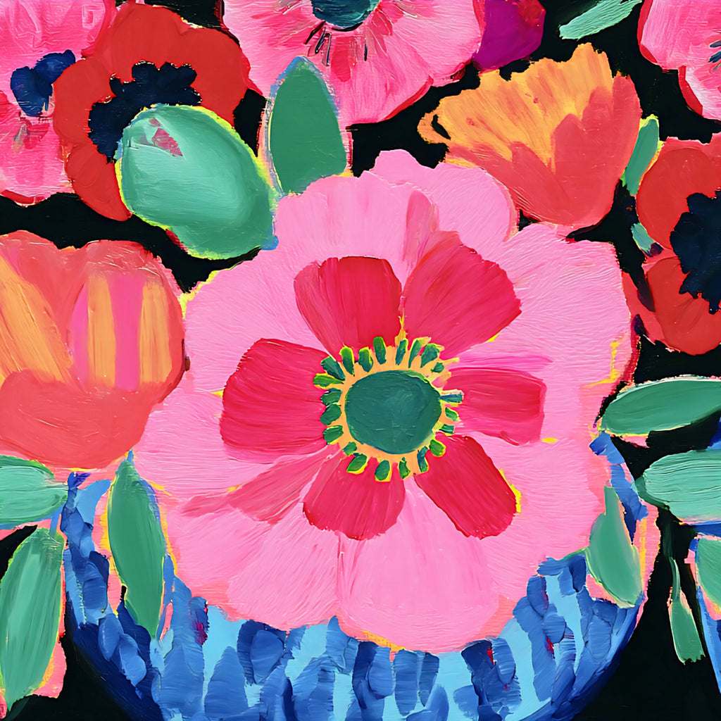 Colorful floral pattern with pink flowers on a black background