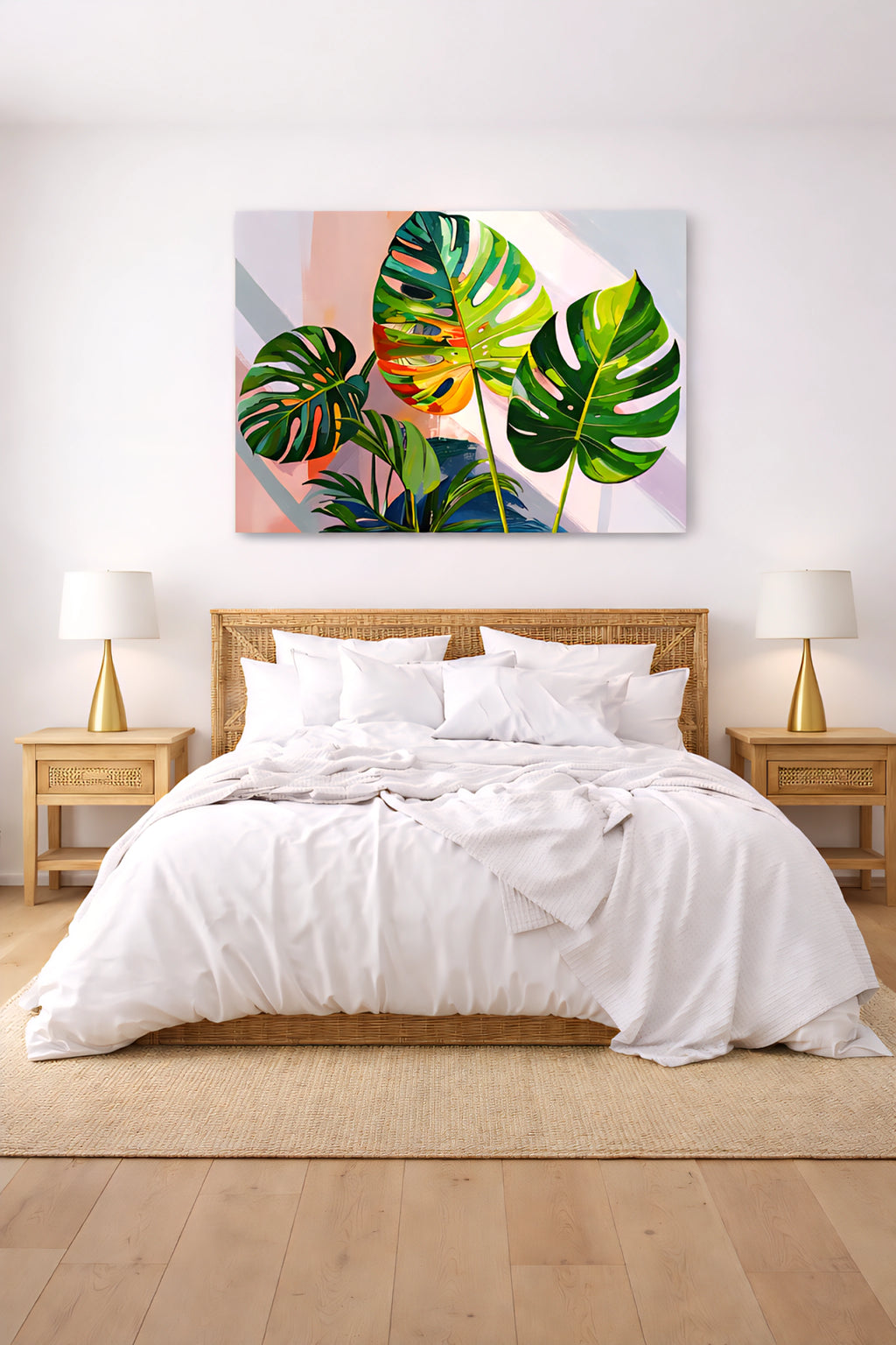 Bold contemporary botanical wall art displayed above a neutral modern bed with woven headboard, minimalist lamps, and natural wood accents