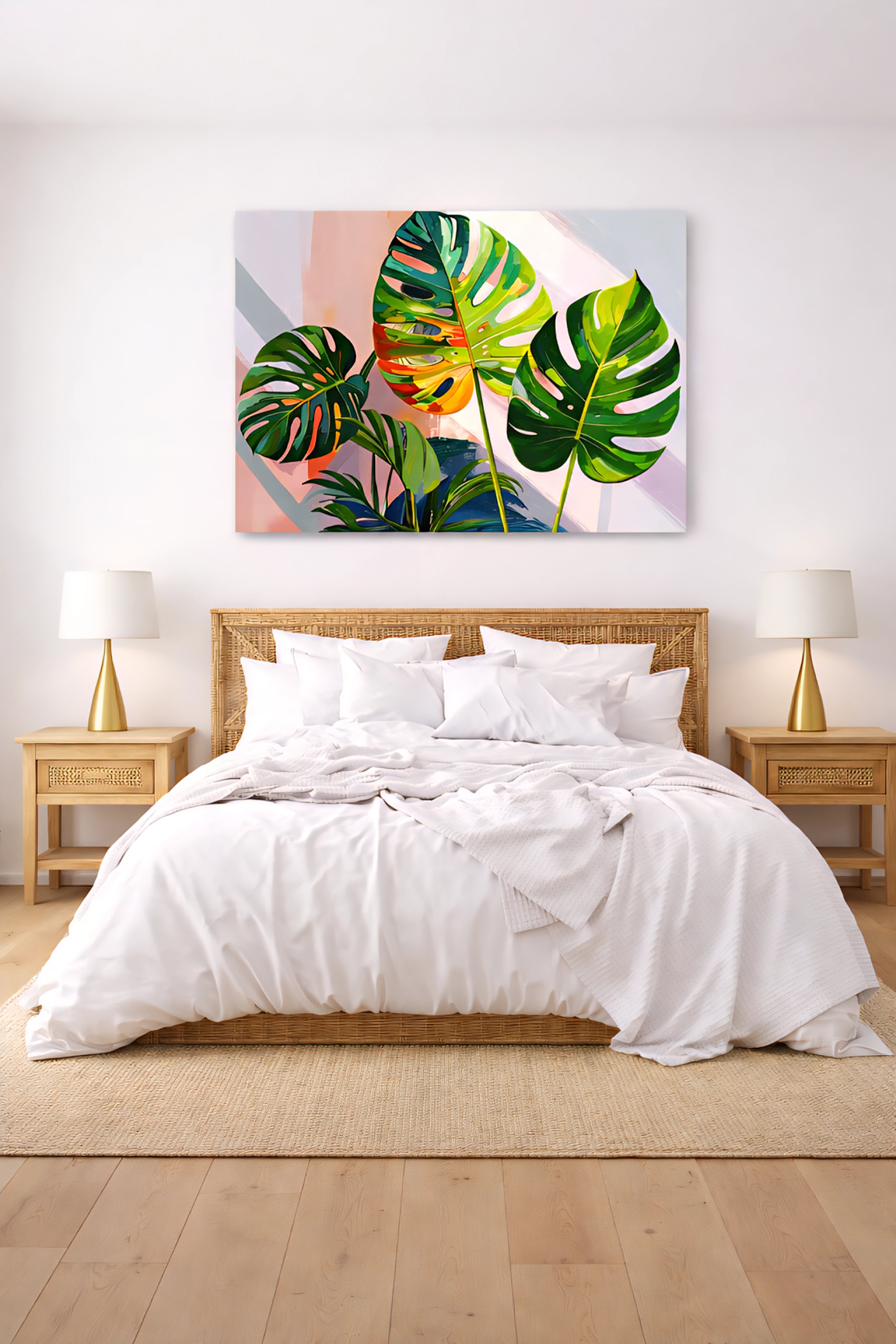 Bold contemporary botanical wall art displayed above a neutral modern bed with woven headboard, minimalist lamps, and natural wood accents