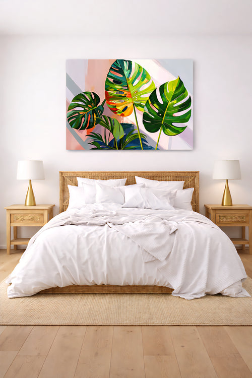Bold contemporary botanical wall art displayed above a neutral modern bed with woven headboard, minimalist lamps, and natural wood accents