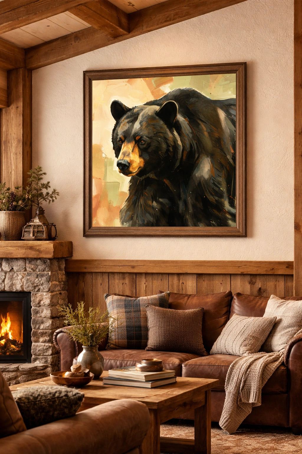Black bear wall art in cozy rustic living room with fireplace, wood beams, and leather sofa