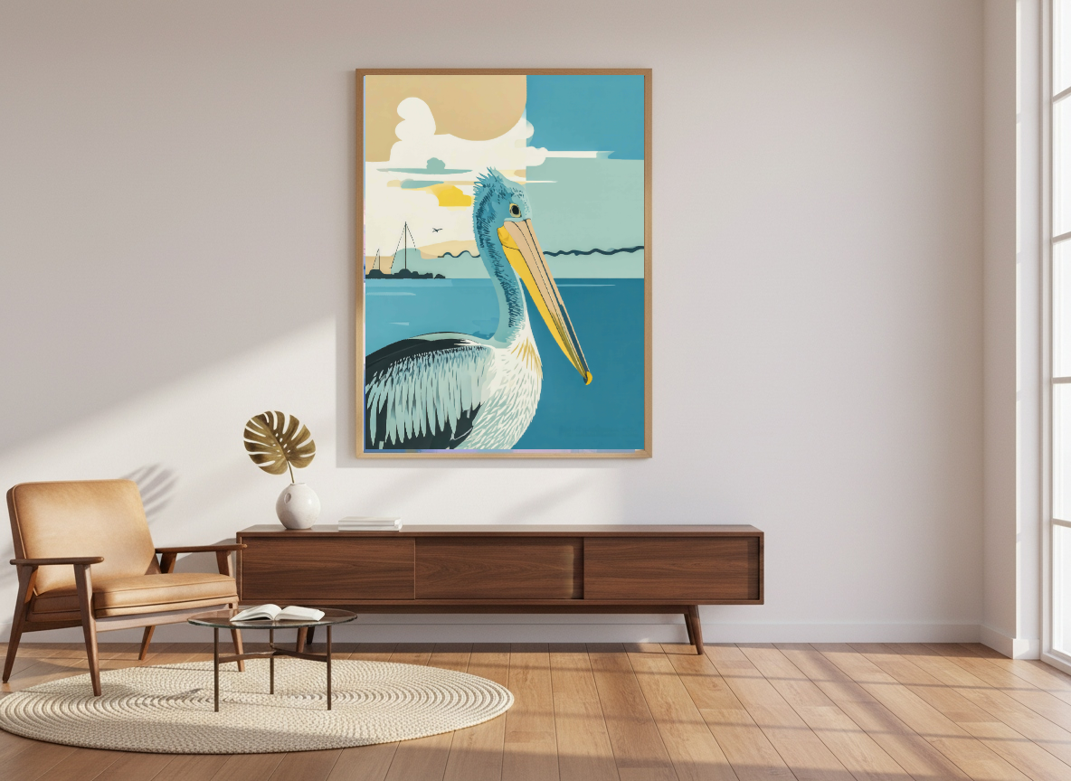 Mid century living room with a large framed artwork of a blue pelican on a wall.