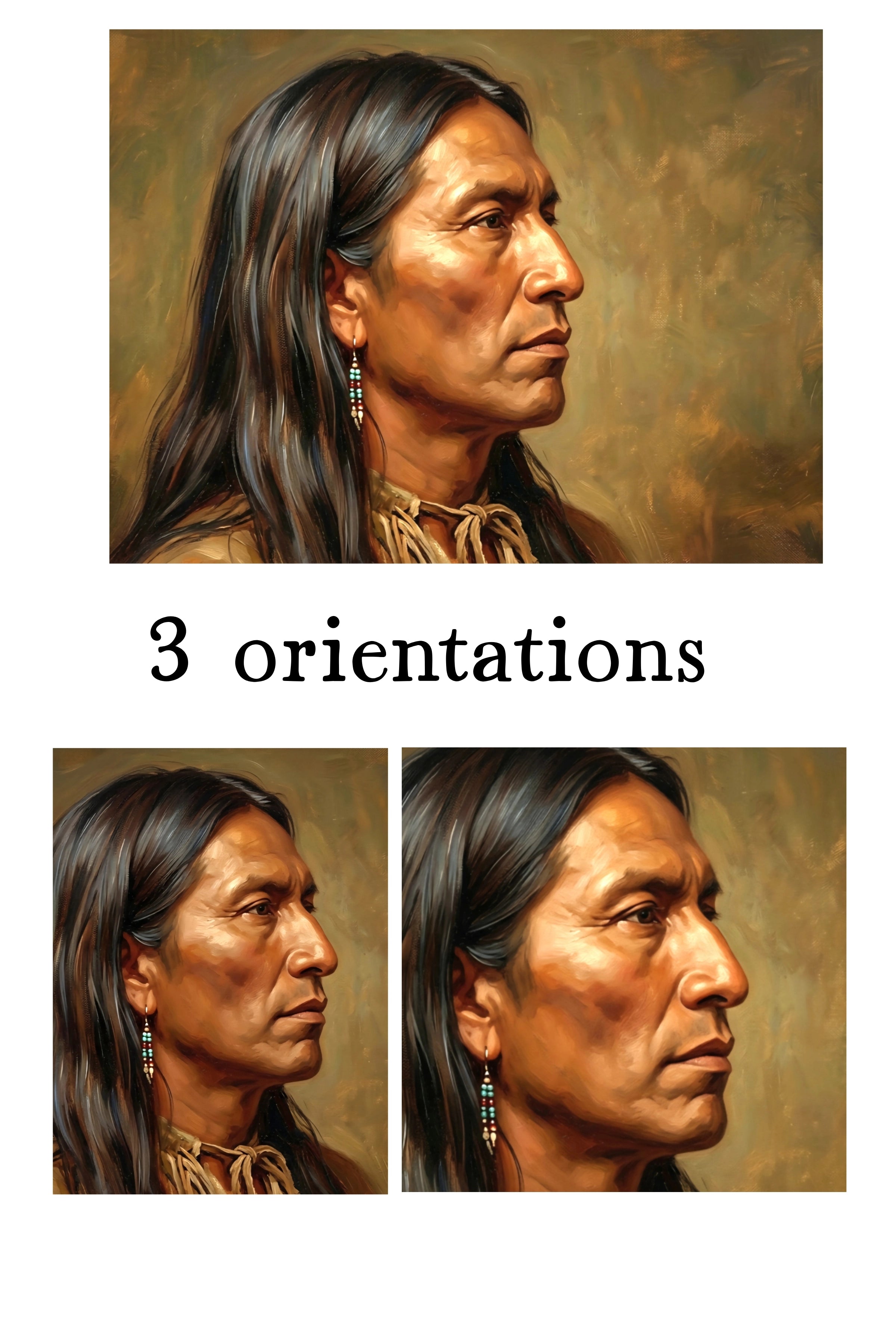 Native American portrait wall art shown in horizontal, vertical, and square orientations with warm earthy tones and detailed profile composition